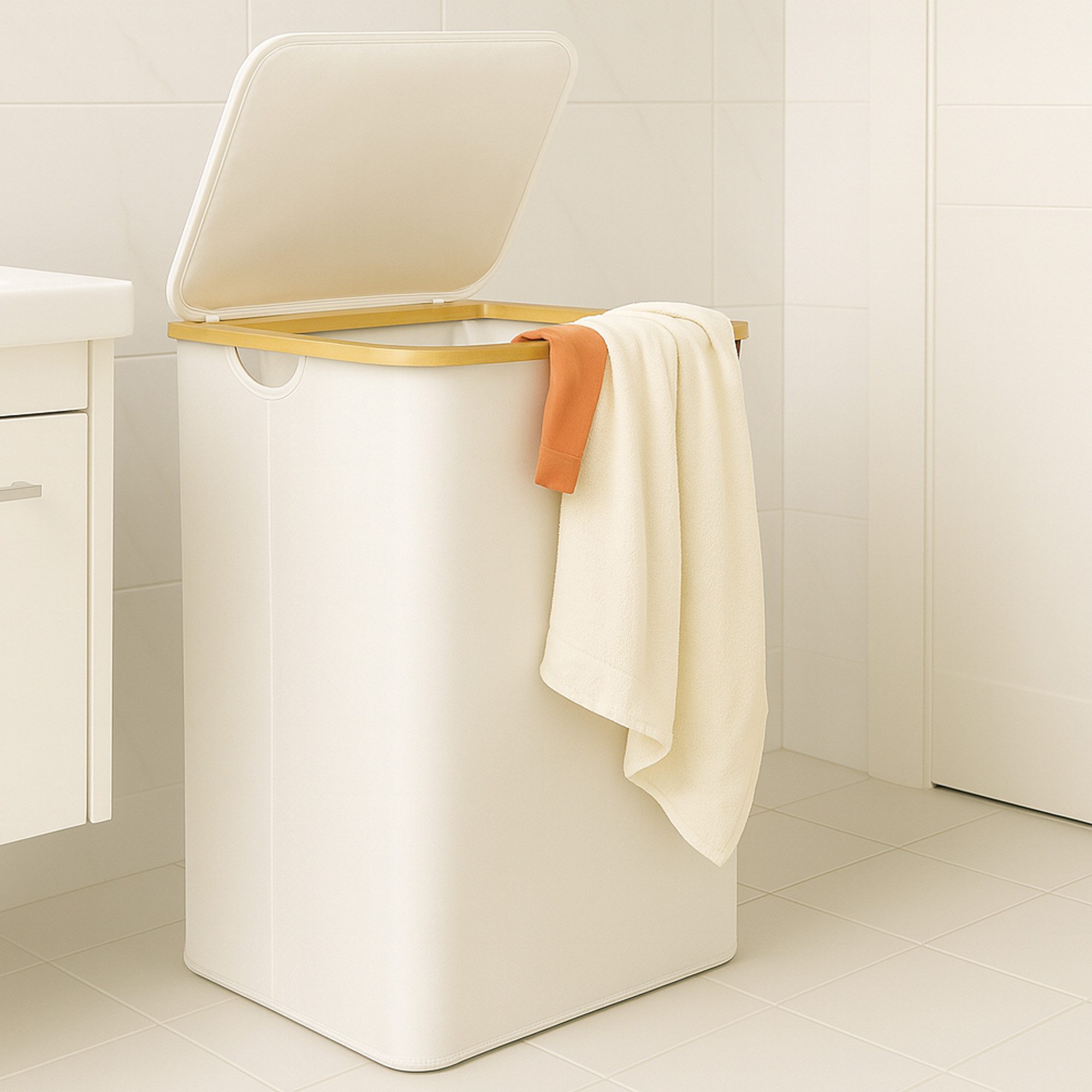 Bestlivings Wäschekorb mit Bambusrahmen inkl. herausnehmbarer Tasche, 100L, 41x37x71cm, seitliche Griffe, Wäschebox, faltbar, hygienisch