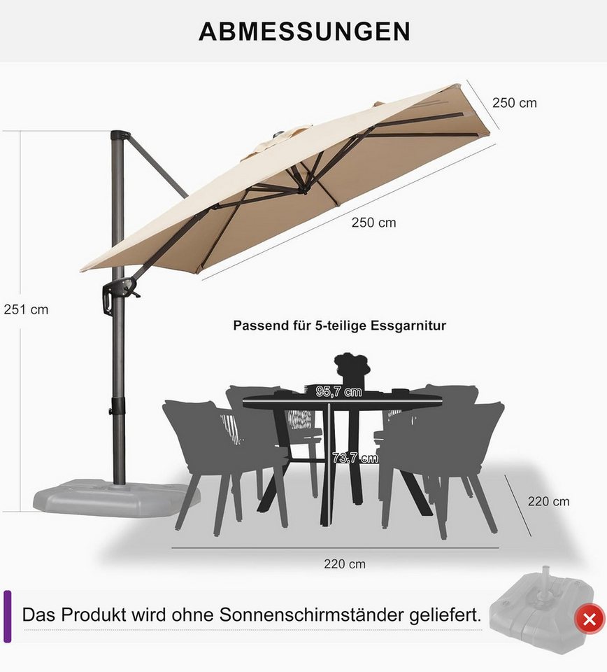 Thumbnail - PURPLE LEAF Ampelschirm Quadratischer Terrassenschirm, Alu Balkonschirm, Groß Sonnenschirm, LxB: 250,00x250,00 cm, für G...