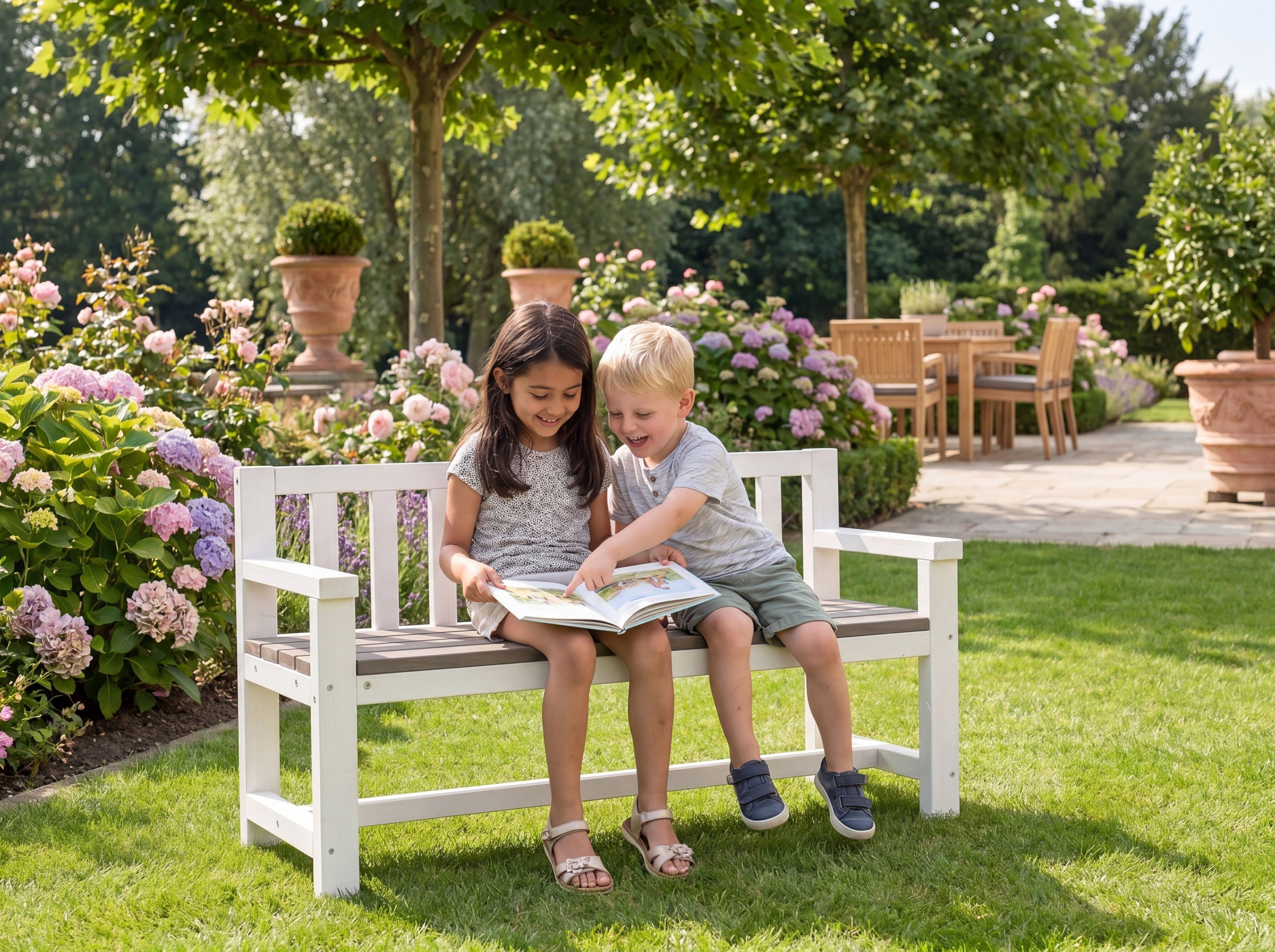 WONDERMAKE Gartenbank für Kinder Holz mit Lehne, Kinderbank Holzbank Sitzbank Parkbank grau, 2-Sitzer mit Textil Abdeckung wetterfest Garten Outdoor, Naturholz