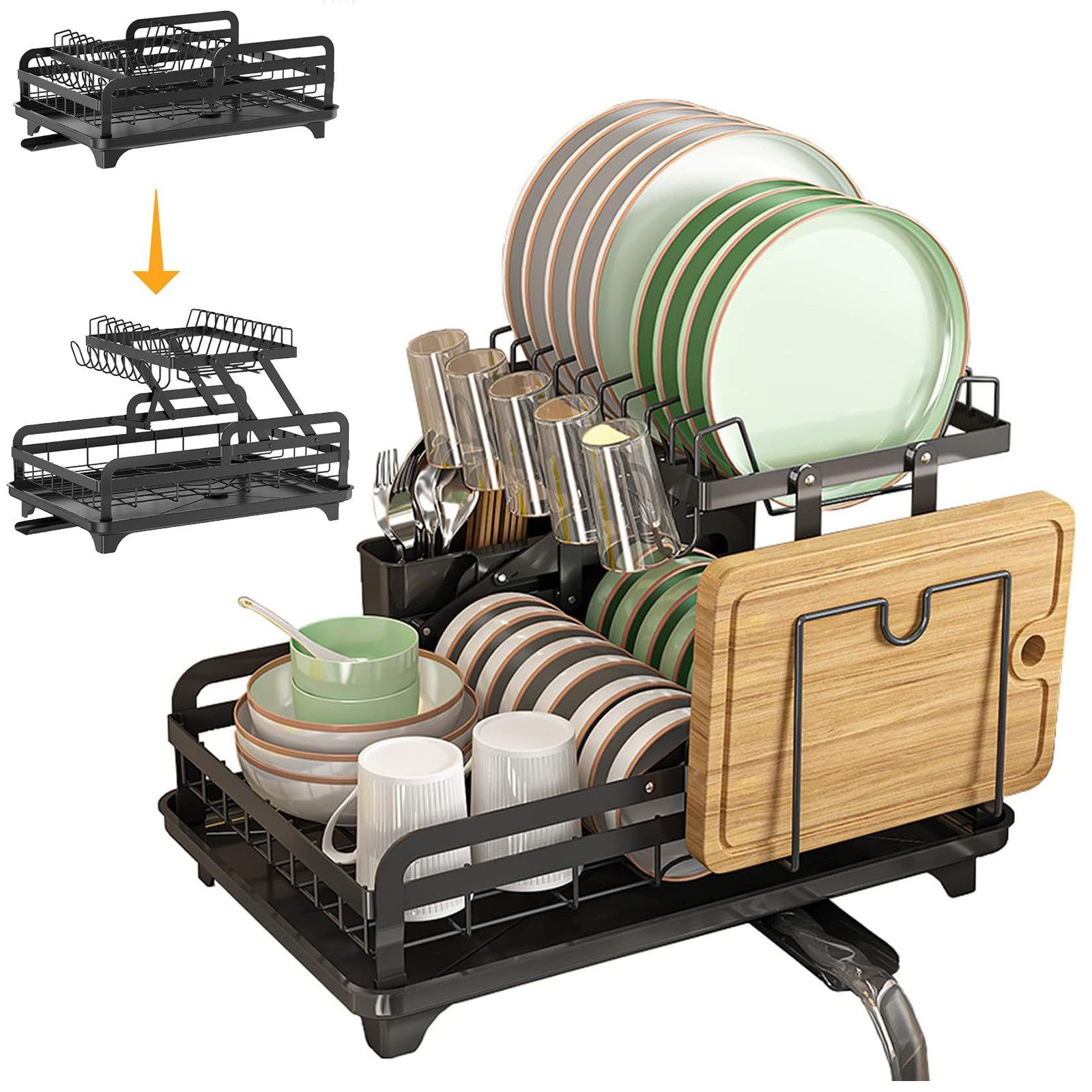 BlingBin Geschirrständer Faltbares Abtropfgestell Geschirr, Abtropfständer mit Tropfschale, Geschirrabtropfgestell Edelstahl mit Utensilienhalter für Küchentheke