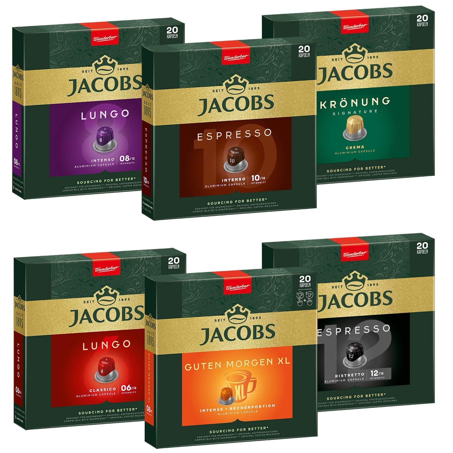 JACOBS Kaffee Vielfaltspaket - 120 Nespresso® kompatible Kaffeekapseln, 6x20 Kapseln