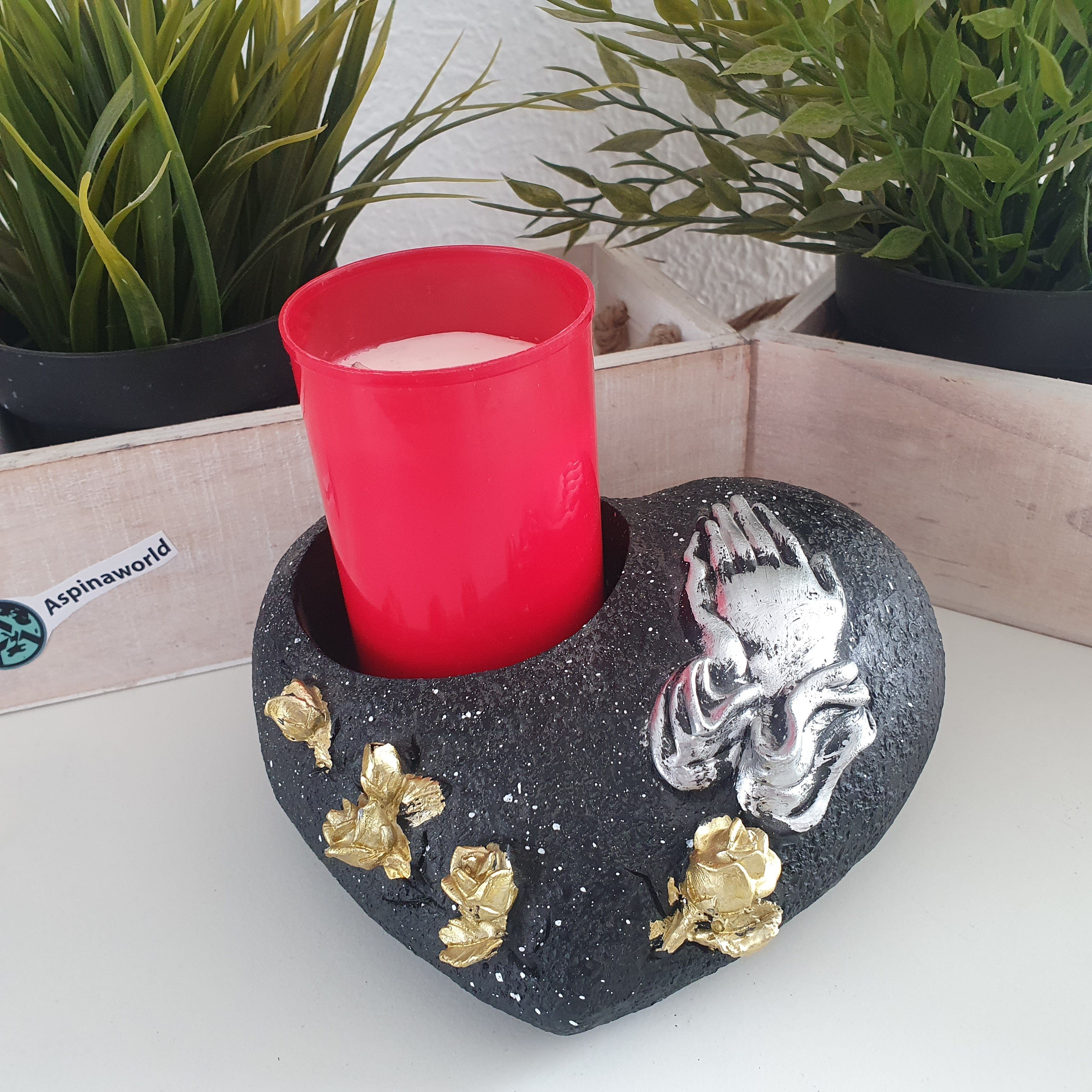 Aspinaworld Teelichthalter Grabherz für Grabkerze Betende Hände 16 cm