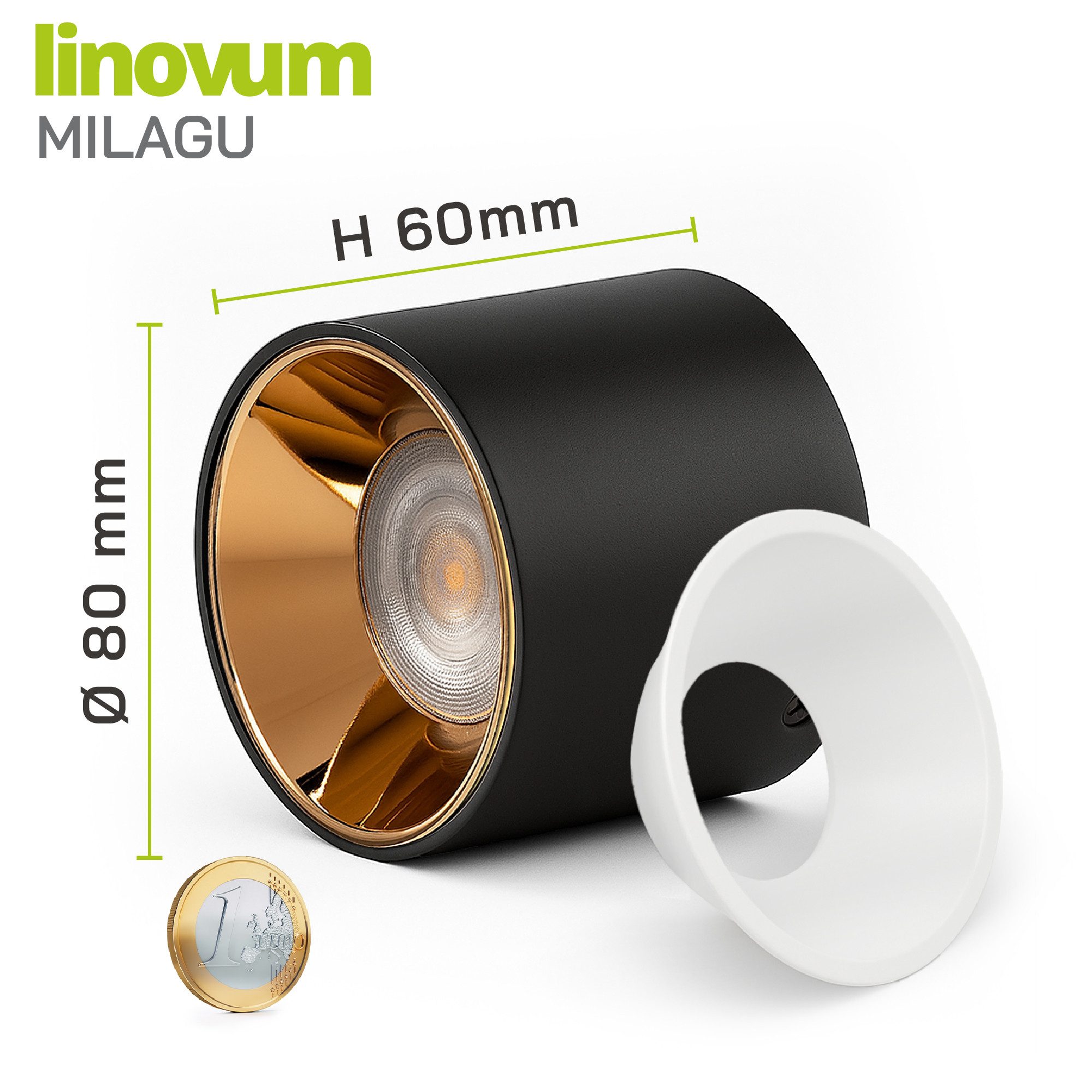 linovum LED Aufbaustrahler MILAGU LED Aufbauspot schwarz gold Aufbaustrahler flach warmweiß, Warmweiß
