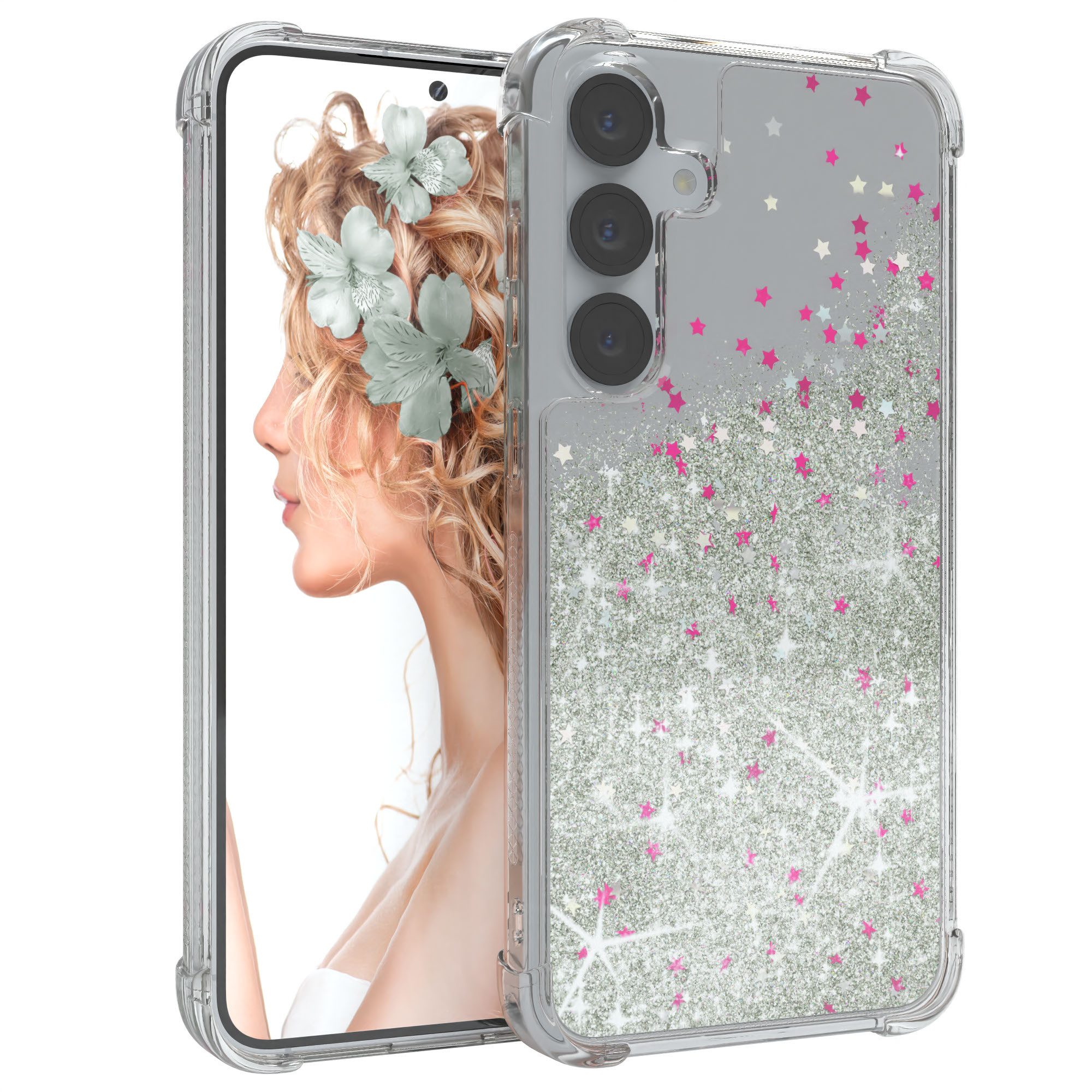 EAZY CASE Handyhülle Liquid Glittery Case für Samsung Galaxy S25 Plus 6,7 Zoll, Kratzfeste Silikonhülle stoßfestes Back Cover Phone Case Etui Silber