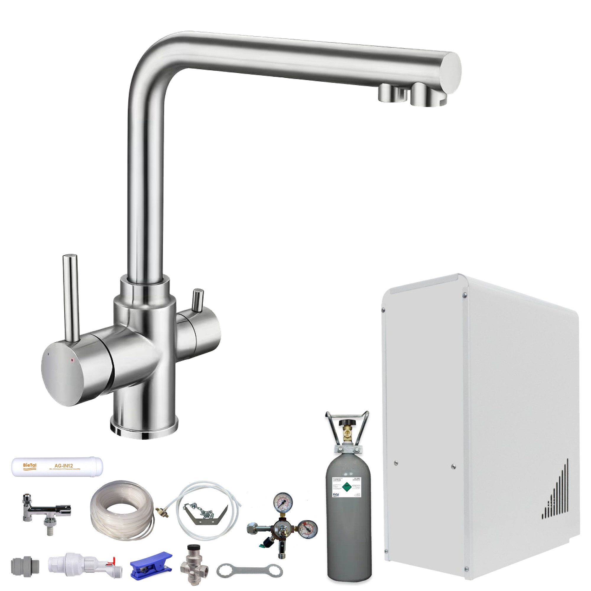 BieTal Wassersprudler Tafelwassergerät BieTal® BT-10U Sprudelwasser Zapfstelle Komplett Set, (Set, 6kg CO2 Flasche-tlg., 3-Wege L Hahn Edelstahl 1-leitig), Sprudelwasseranlage Trinkwasser Wasserspender
