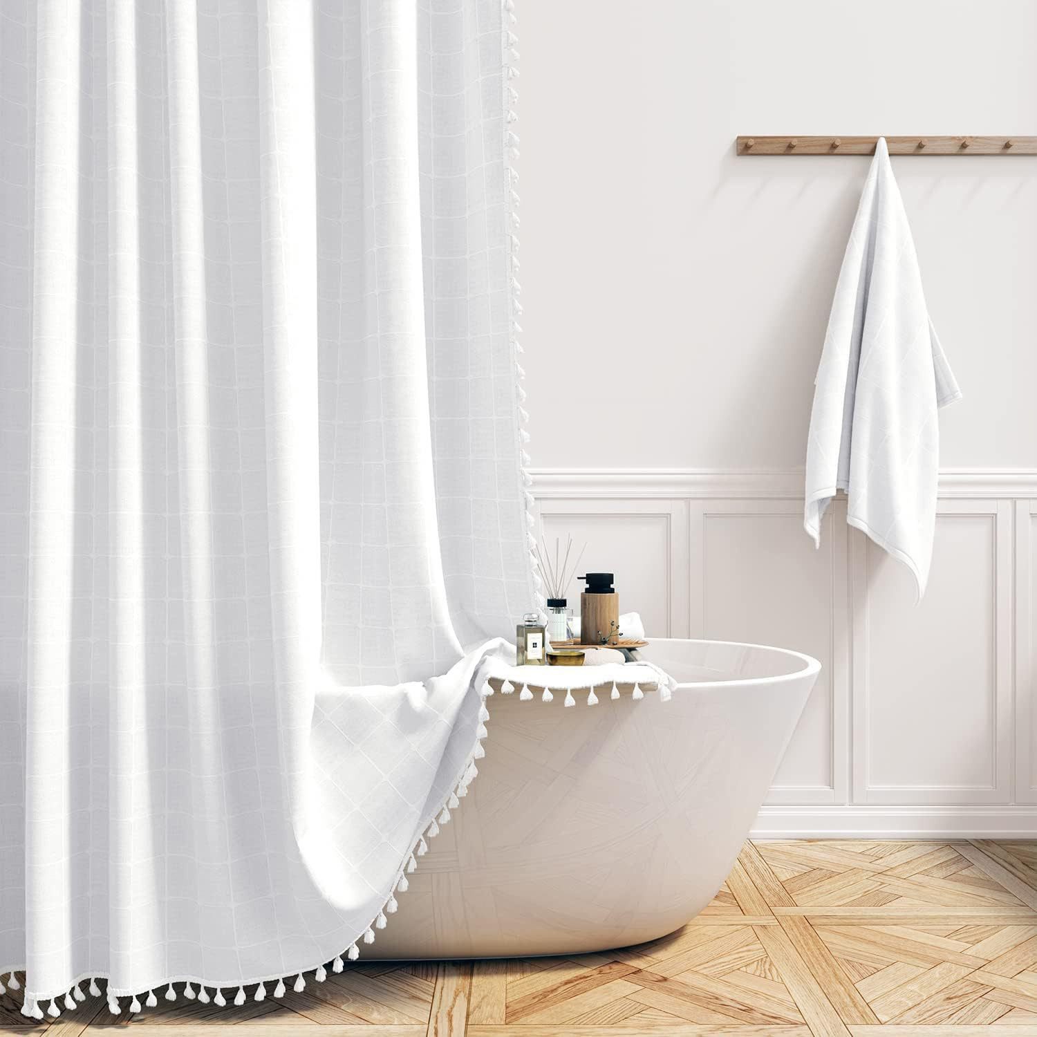 MAGICSHE Duschvorhang Boho Duschvorhang mit Quaste für badewanne, Leinen, Wasserdicht Breite 183 cm