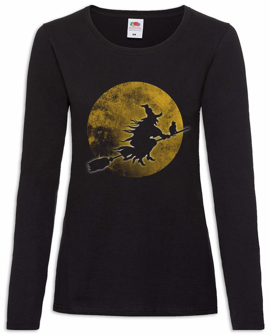 Langarmshirt Witch Moon Damen Langarmshirt Hexe Mond Hexen Besen Schwarzer Kater