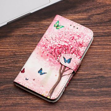 CLM-Tech Handytasche Hülle für Samsung Galaxy A14 5G Tasche aus Kunstleder Klapphülle (rosa Baum Schmetterlinge, Samsung Galaxy A14 5G Handyhülle Wallet Flip Case Cover Etui), Standfunktion, Kartenfächer, Magnetverschluss