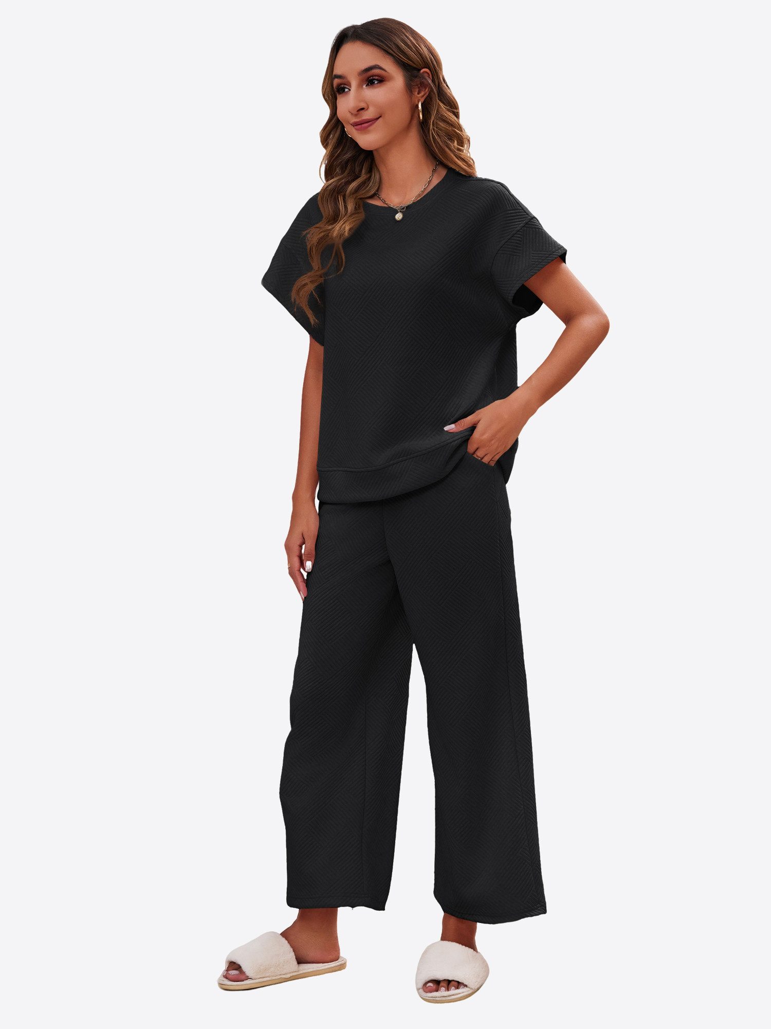 Imily Bela Hausanzug Damen Loungewear-Sets (Set, 1 tlg., Kurzarmtops + Cropped-Hosen mit weitem Bein) einfarbig – Bild 4 von 5