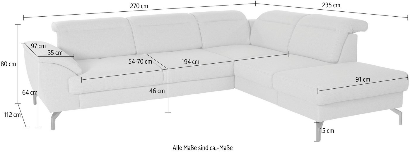 sit&more Ecksofa, 15 cm Fußhöhe, inklusive Sitztiefenverstellung, wahlweise Kopfteilverstellung, wahlweise in 2 unterschiedlichen Fußfarben-HomeTrends