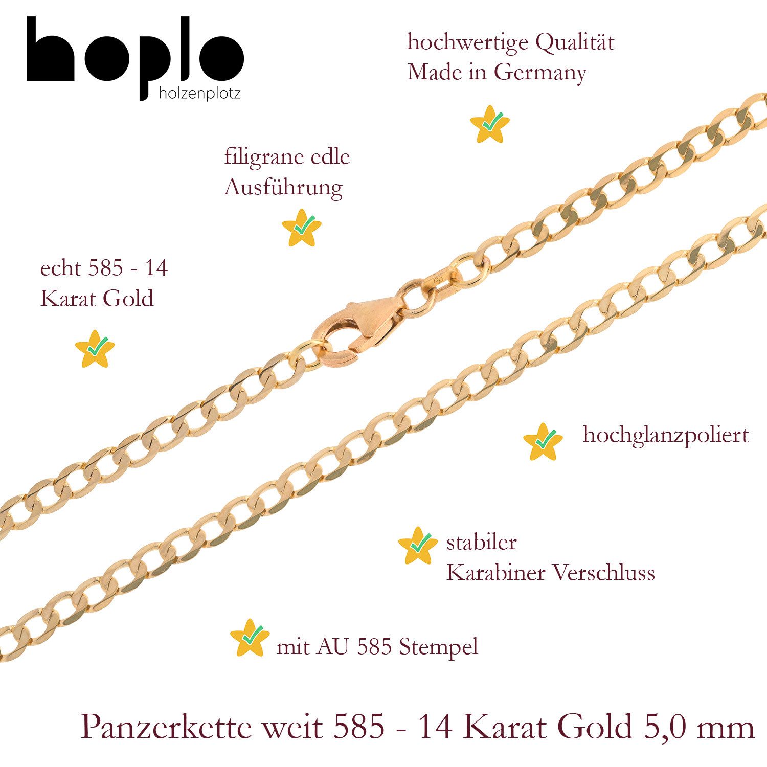 HOPLO Panzerkette Goldkette Panzerkette Armkette 5,0mm weit 19cm 585-14 Karat Gold, Made in Germany – Bild 3 von 5