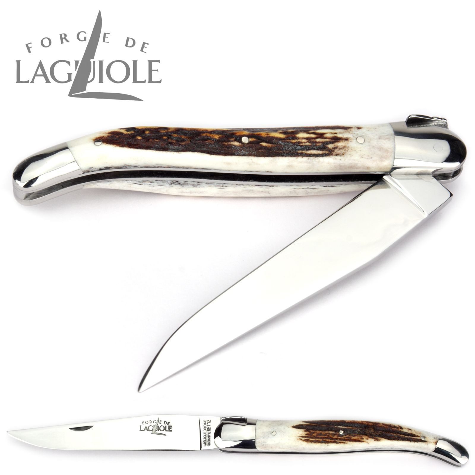 Forge de Laguiole Taschenmesser 1212 IN CF BRI, Griff 12cm Hirschhorn - Feder verziert - Stahl Backen Klinge glänzend