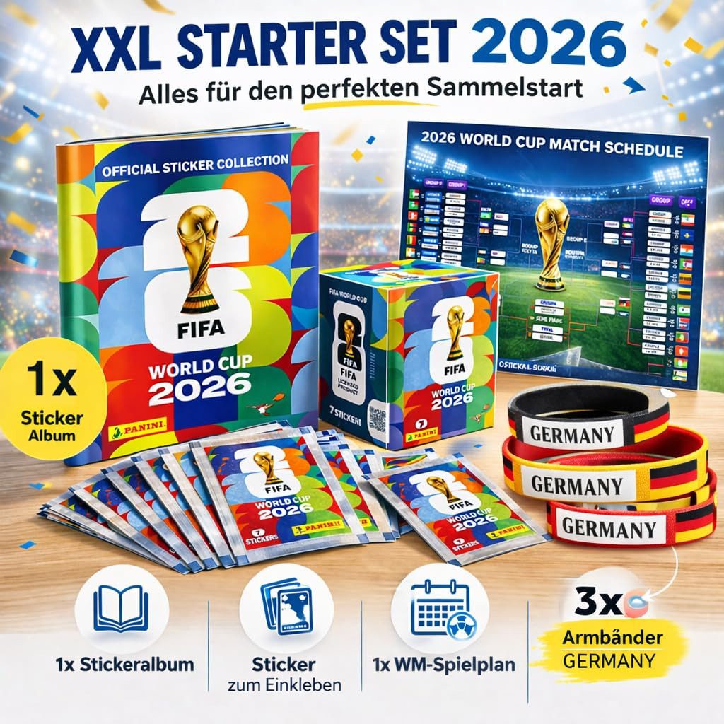 TK Gruppe Stickerbuch XXL Sammelset WM 2026 - mit Panini Sticker Album, Spielplan Armbänder