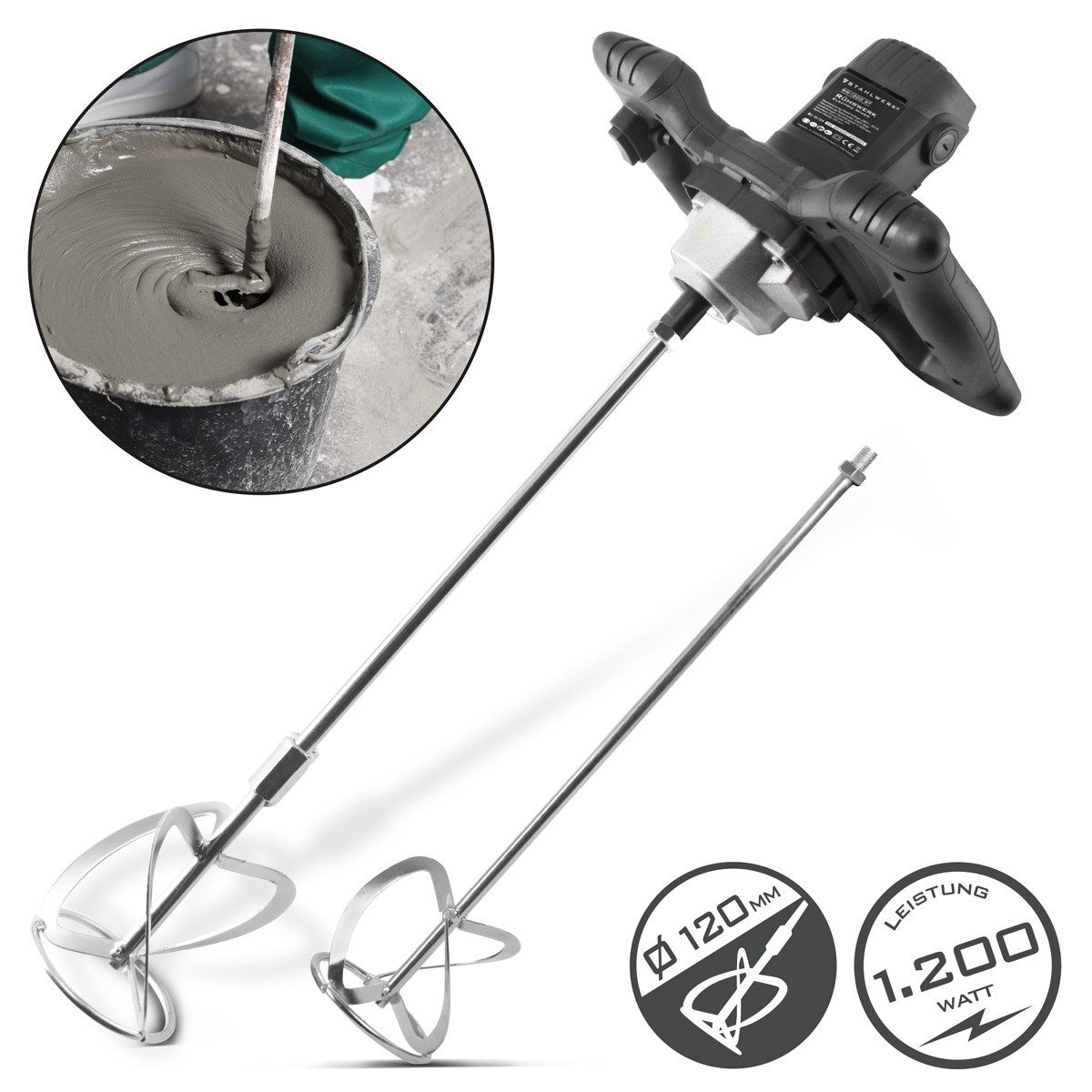 STAHLWERK Rührwerk Rührwerk 1.200 W 850 U/min Mörtelrührer Drehzahlregelung Zusatzquirl, Ø 120 mm, Set, 1-tlg.