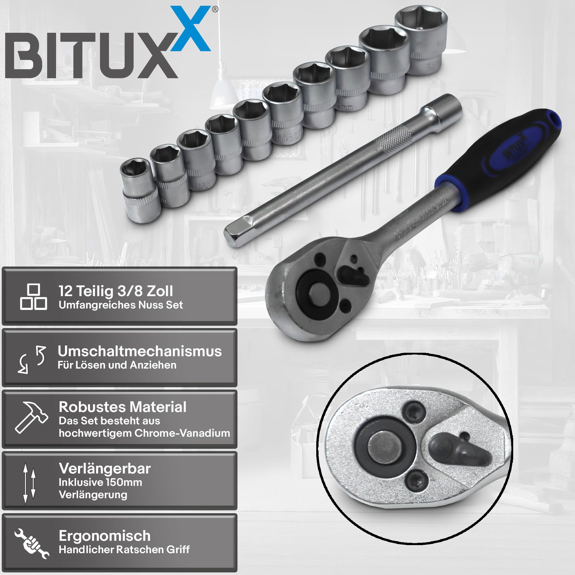 Bituxx Ratsche Set 3/8 Zoll 12 tlg. (Set, 12 St., MS-19500) – Bild 2 von 4