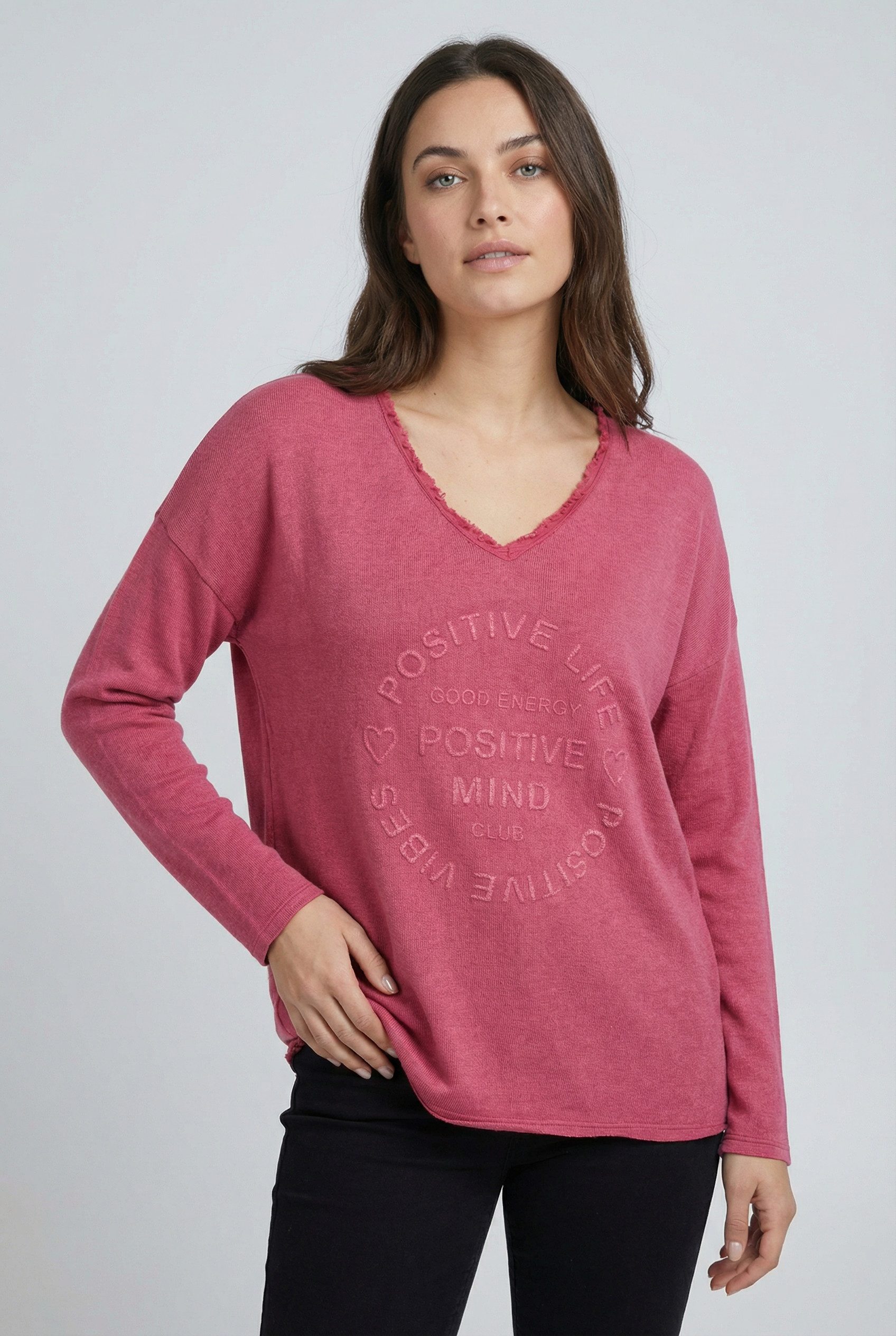 Zwillingsherz Sweatshirt ausgefranster V-Ausschnitt, Vintage Look, Langarm