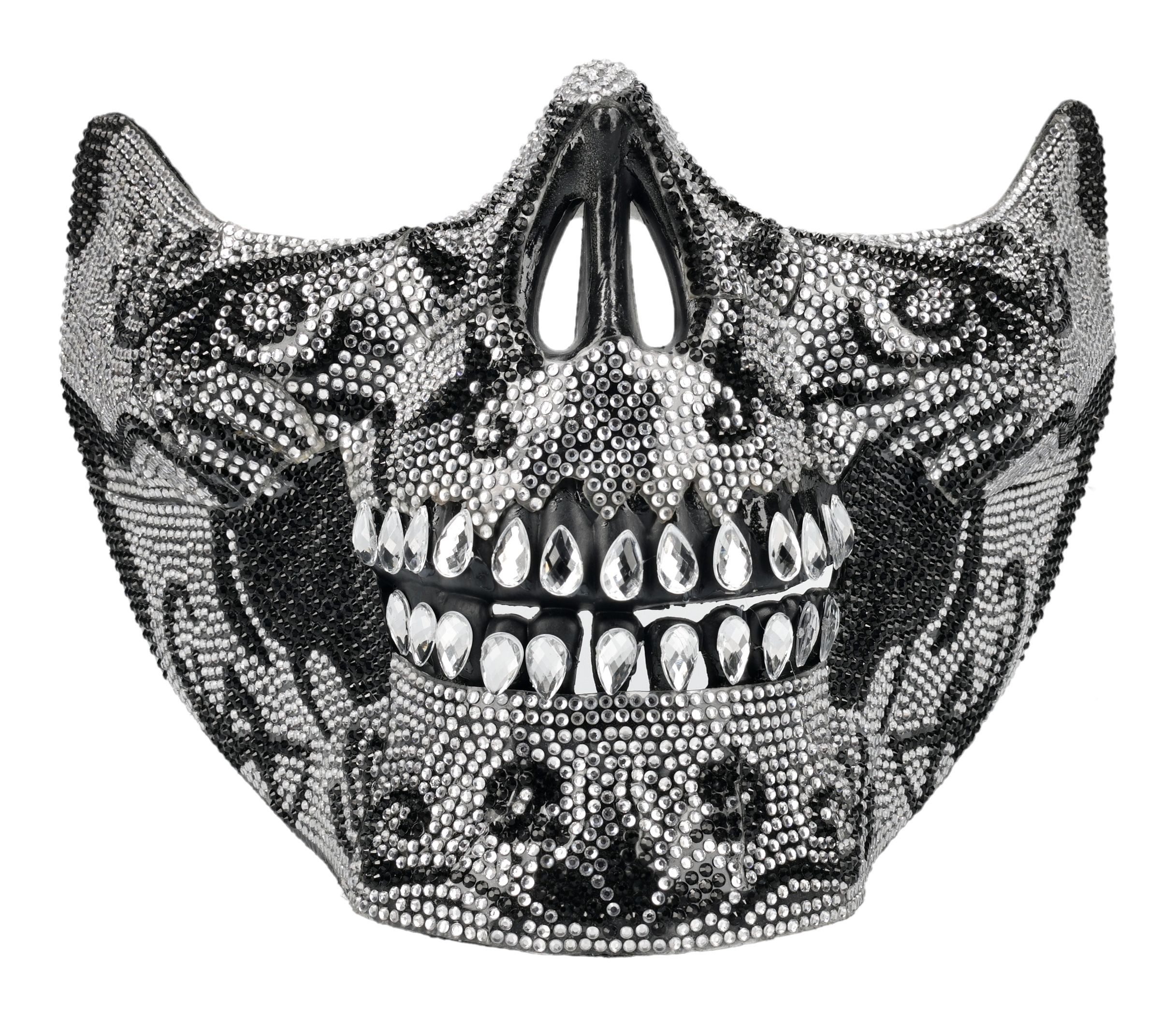 Figuren Shop GmbH Verkleidungsmaske Halloween Maske – Totenkopf Halbmaske Schmucksteine Silber 13 cm, mit Schmucksteinen verziert