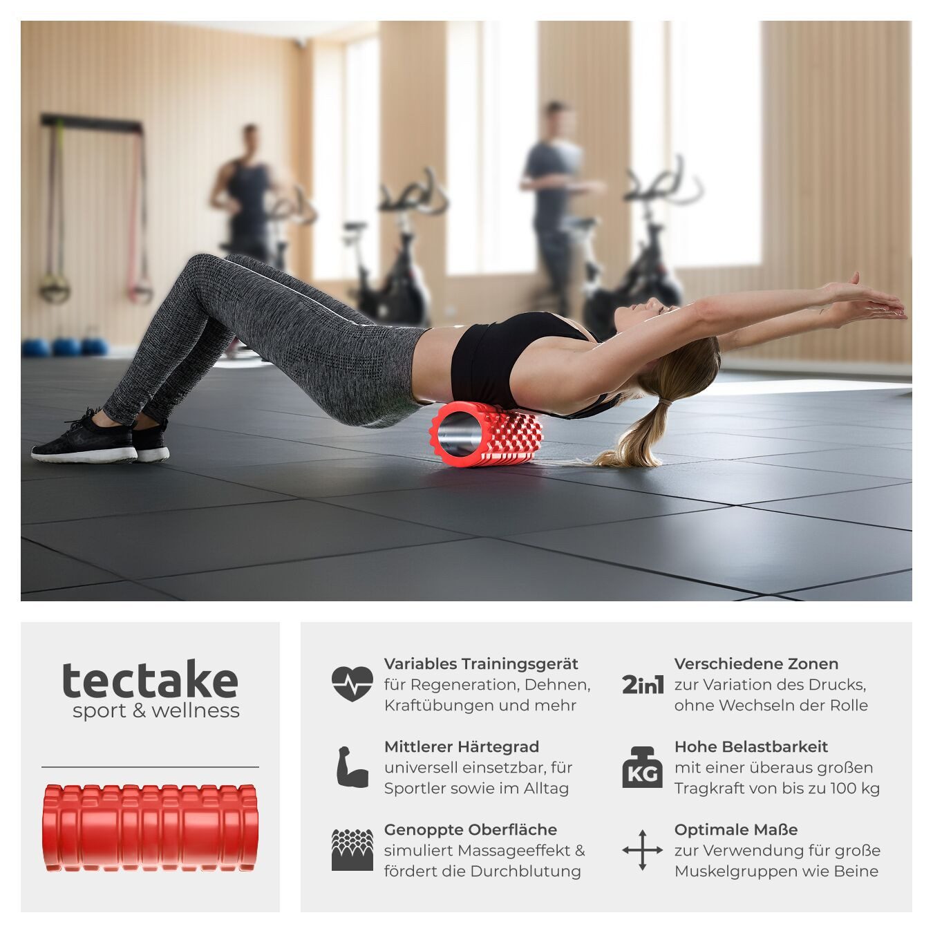 tectake Fitnessrolle Hartschaumrolle zur Triggerpunkt-Selbstmassage (1-tlg), Massagerolle mit verschiedenen Noppenzonen