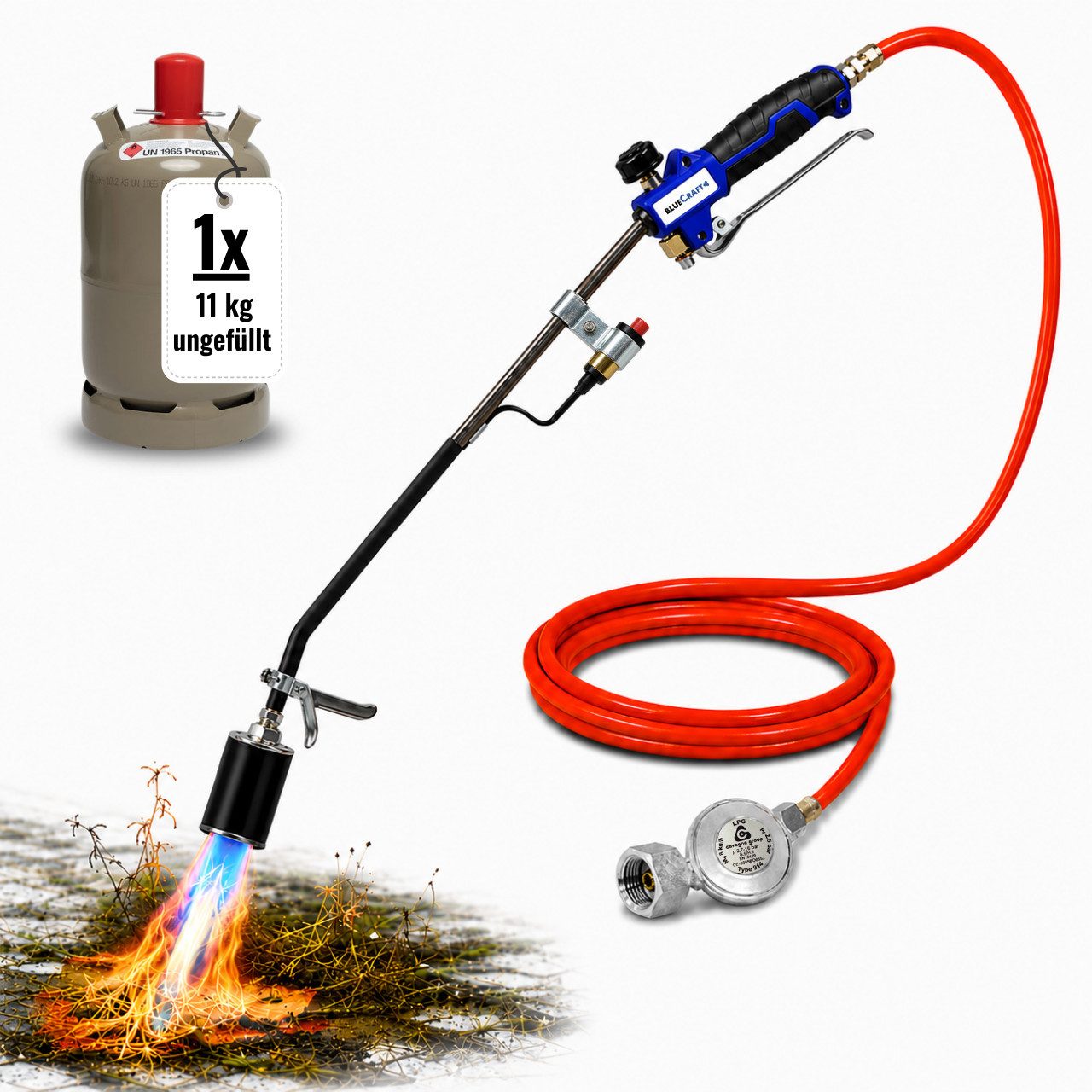 BlueCraft Unkrautbrenner SETS Abflammgerät Unkraut Gasbrenner Unkrautvernichter, (für Teerarbeiten, Unkrautbeseitigung Druckminderer, mit Gasdruckregler und 11 kg Gasflasche leer), Gas 69 kW