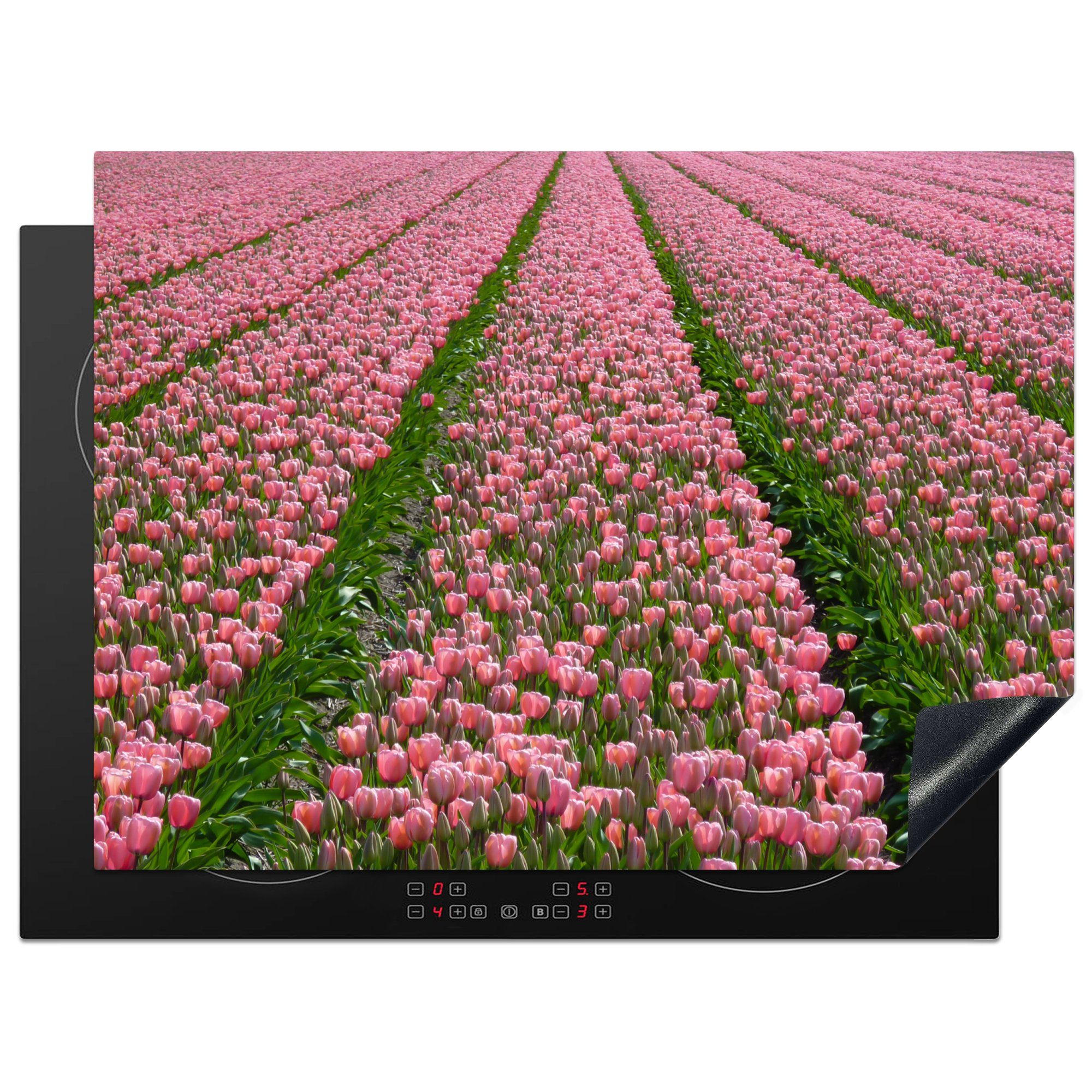 MuchoWow Herdblende-/Abdeckplatte Reihen von rosa Tulpen in den Niederlanden, Vinyl, (1 tlg), 70x52 cm, Mobile Arbeitsfläche nutzbar, Ceranfeldabdeckung