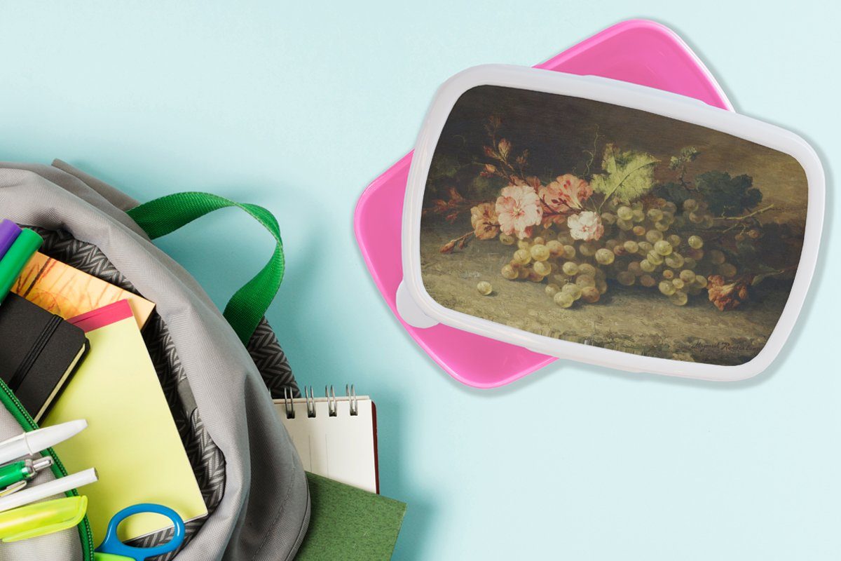 Brotbox Brotdose MuchoWow Kunststoff, - Alte - Kunststoff Obst mit Meister, Lunchbox Erwachsene, Kinder, für Mädchen, Stilleben (2-tlg), rosa Weintrauben Snackbox,