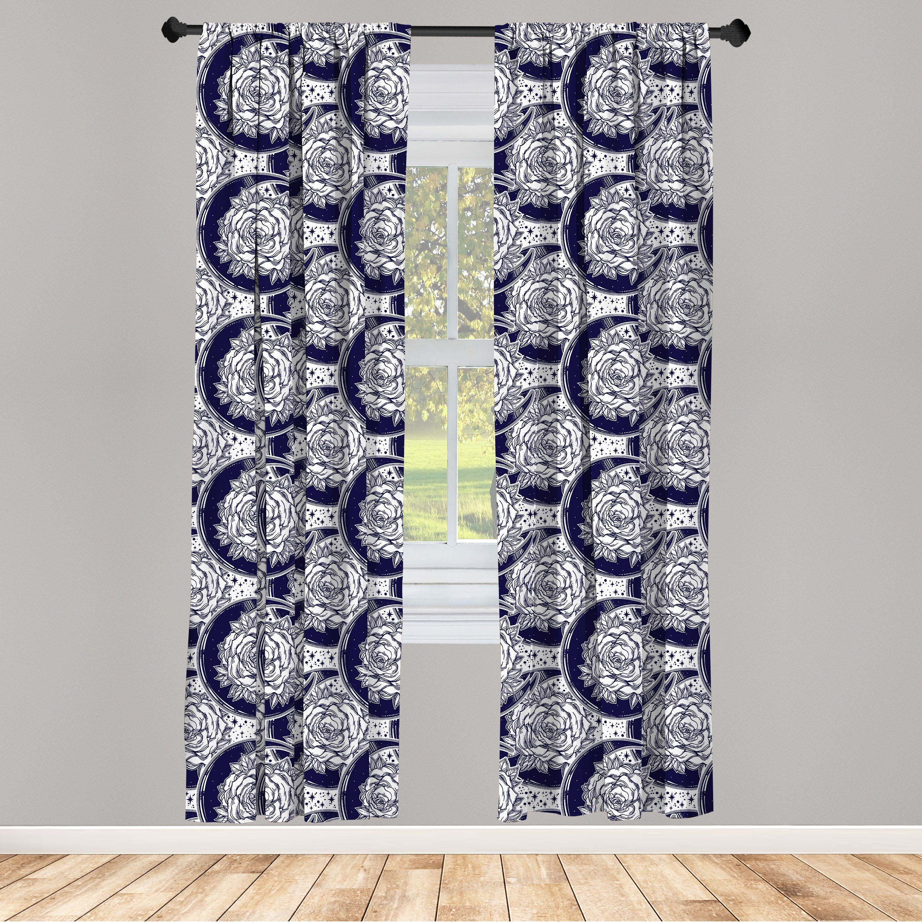 Gardine Vorhang für Wohnzimmer Schlafzimmer Dekor, Abakuhaus, Microfaser, Halbmond Böhmische Rosen und Mond
