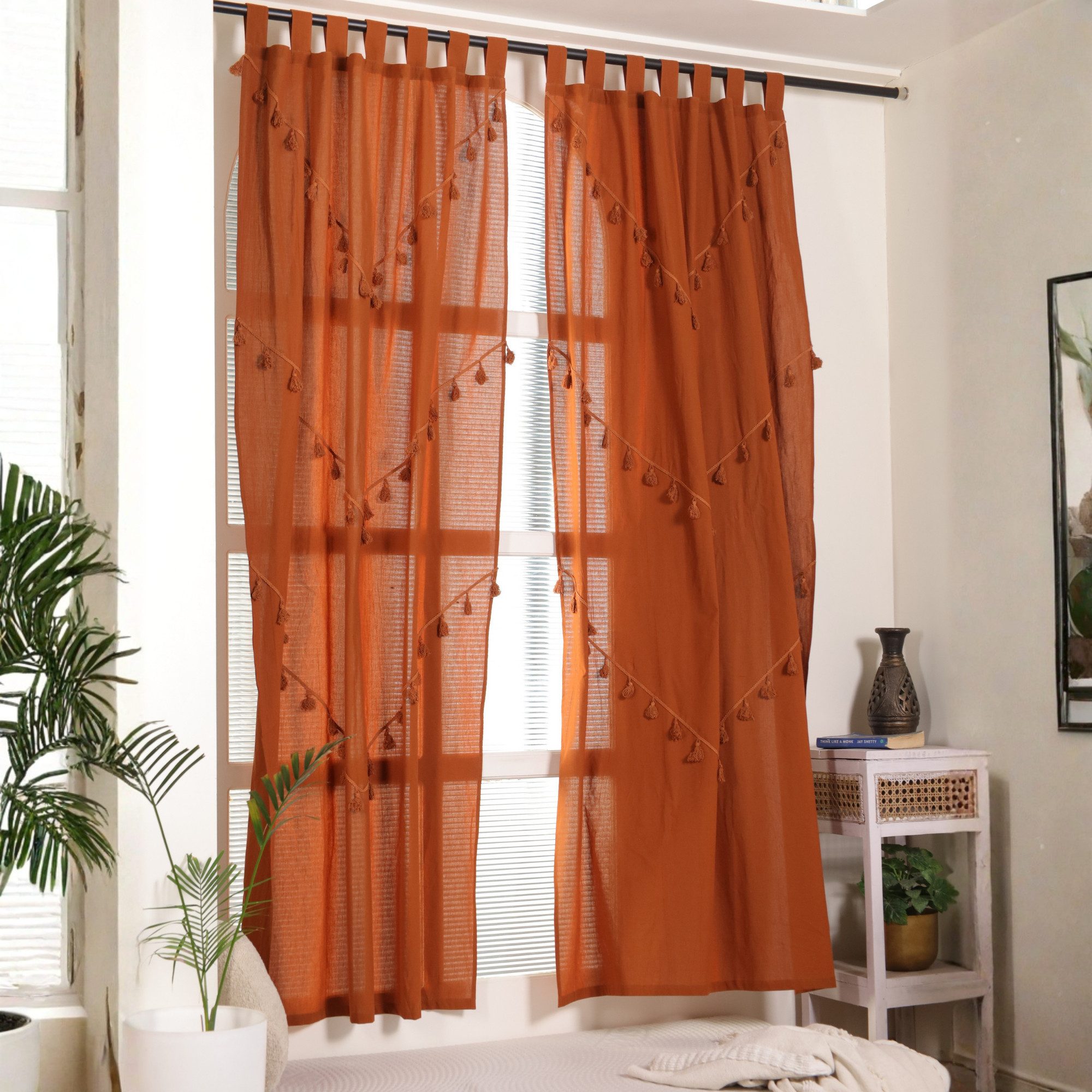 Karmandala Gardine Vorhang Boho Style Einfarbig 2-teilig - 100% Baumwolle Boho Gardinen, Handgefertigt, fair gehandelt