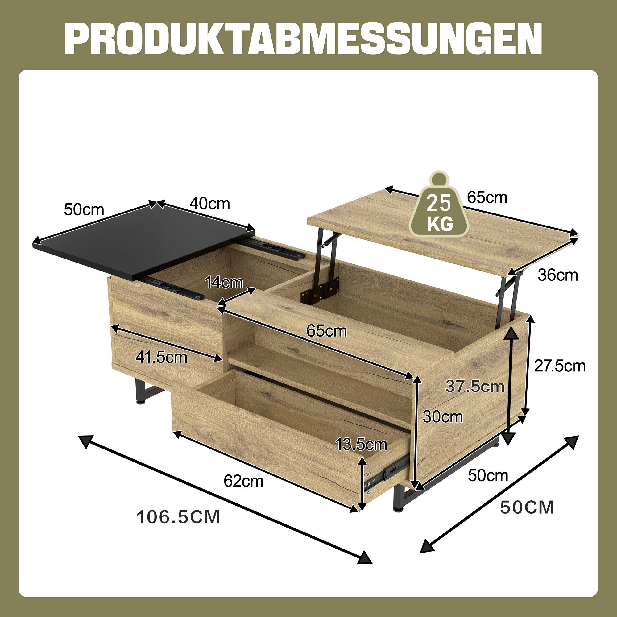 Celya Couchtisch Höhenverstellbarer mit LED-Bodenlicht und reichlich Stauraum (106.5×50×37.5cm, mit Schubladen und Fächern) – Bild 2 von 5