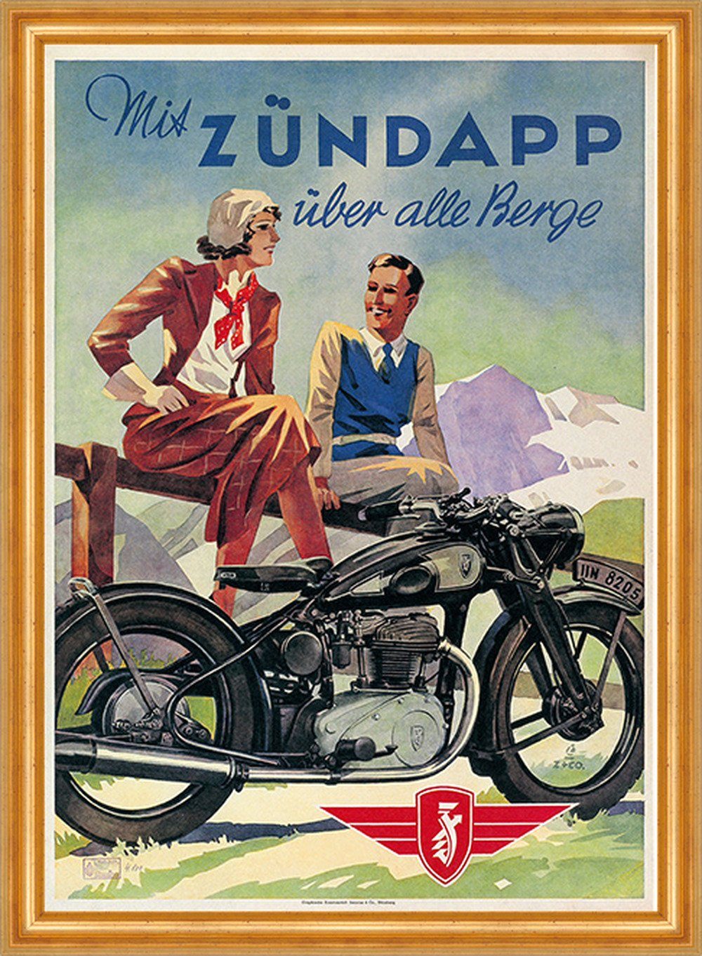 Kunstdruck Mit Zündapp über alle Berge Moped Marke Motor Werbung 350 Gerahmt
