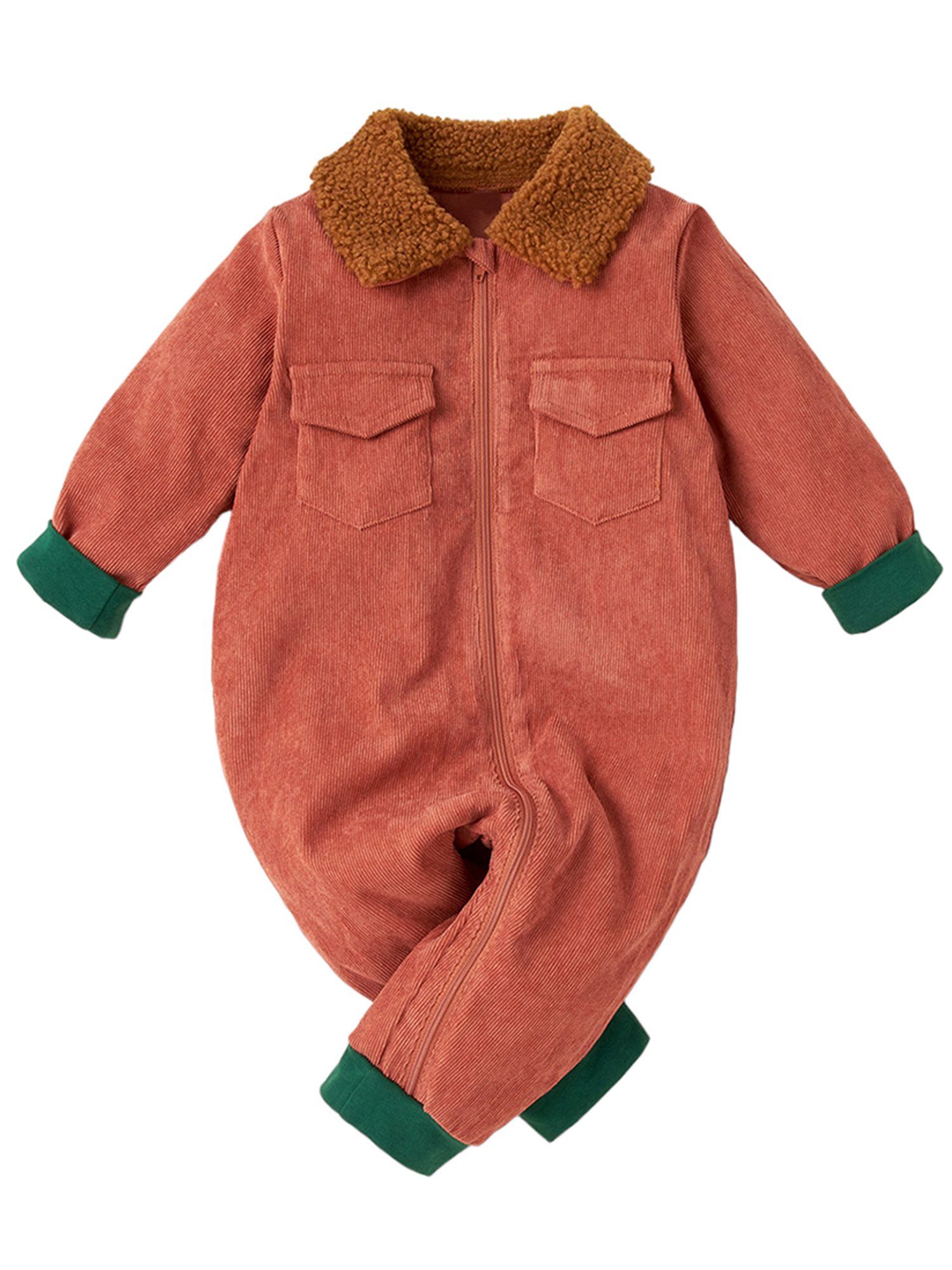 Lapastyle Strampler Unisex Baby Overall mit langen Ärmeln und Plüschkragen, Reißverschluss (1-tlg) Regular fit, Cordstoff, Kontrastfarben Bündchen