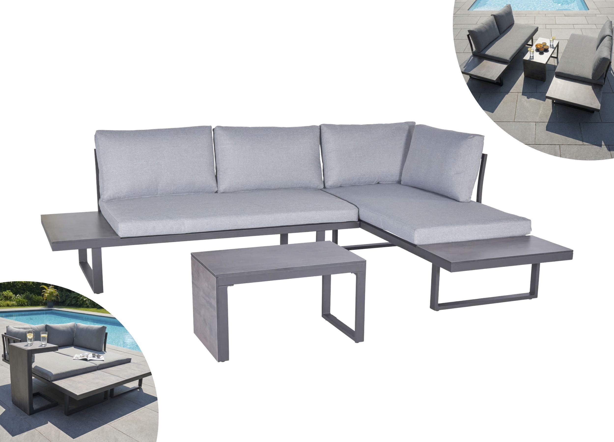 LC Garden Gartenlounge-Set »Sungardo« Gartenlounge Set 3tlg. anthrazit Aluminium/HPL Loungeset, (1 Tisch / 2 Sofa, inkl. Auflagen)