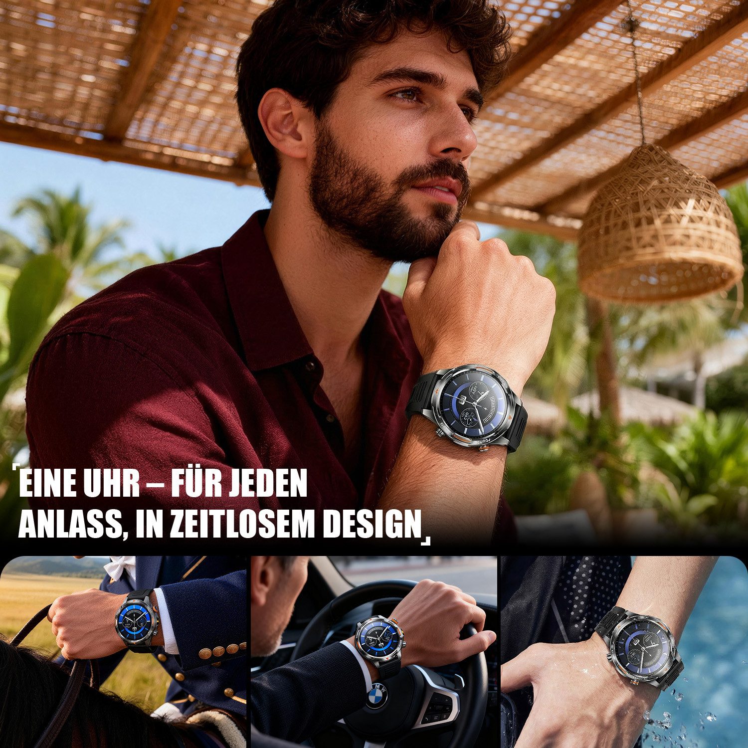 ANYSUN Smartwatch Herren,Sportuhr mit LED Taschenlampe & Kompass, Smartwatch (1,7 Zoll) IP68 Wasserdicht,100+ Sportmodi,mit Bluetooth,Fitness Tracker, Puls-SpO2-Schlaf-Monitor,Schrittzähler,2 Armbändern,für Android iOS