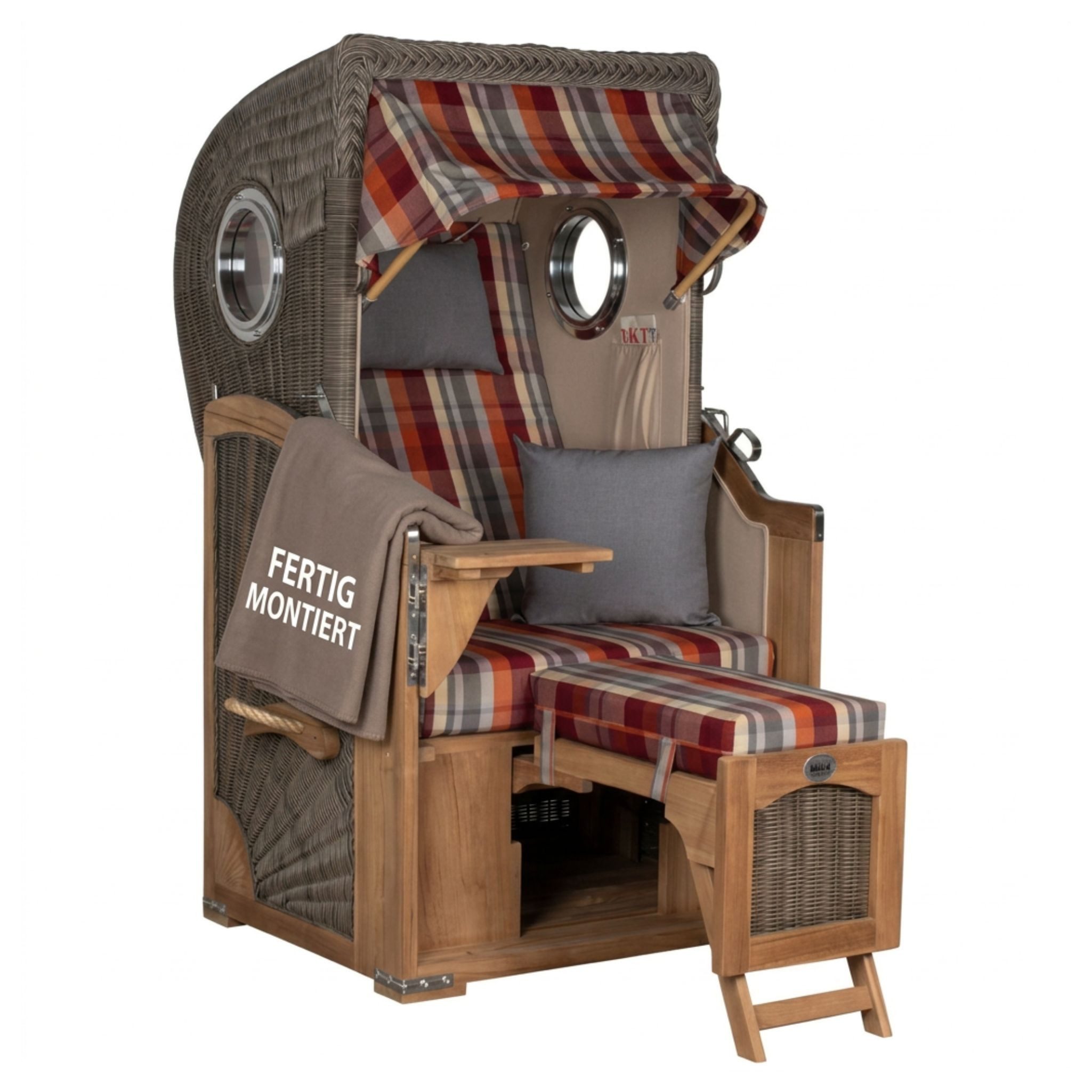 Strandkorb Düne Single 1-Sitzer Bullauge Teak PE-Geflecht Grey 96x165x80