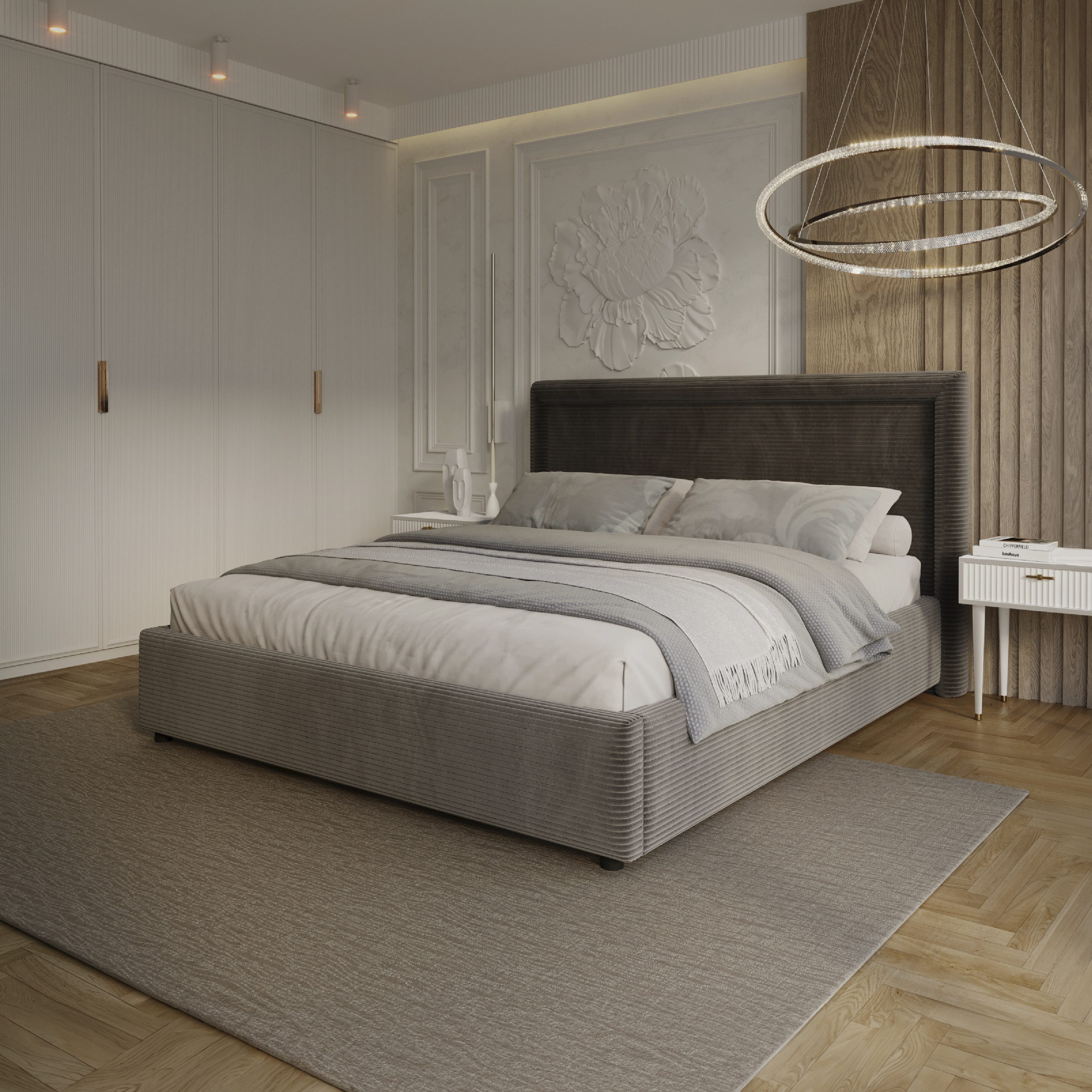 FDM Polsterbett BUSCA modern mit Bettkasten MADE IN EU - mit Cord Bezug (verfügbar 90x200 120x200 140x200 160x200 180x200cm, Bettrahmen, Bett, mit großen gepolsterten Kopfteil, mit Bettkasten zum aufklappen), Hebbarer Metallrahmen, Bettkasten, mit/ohne Matratze