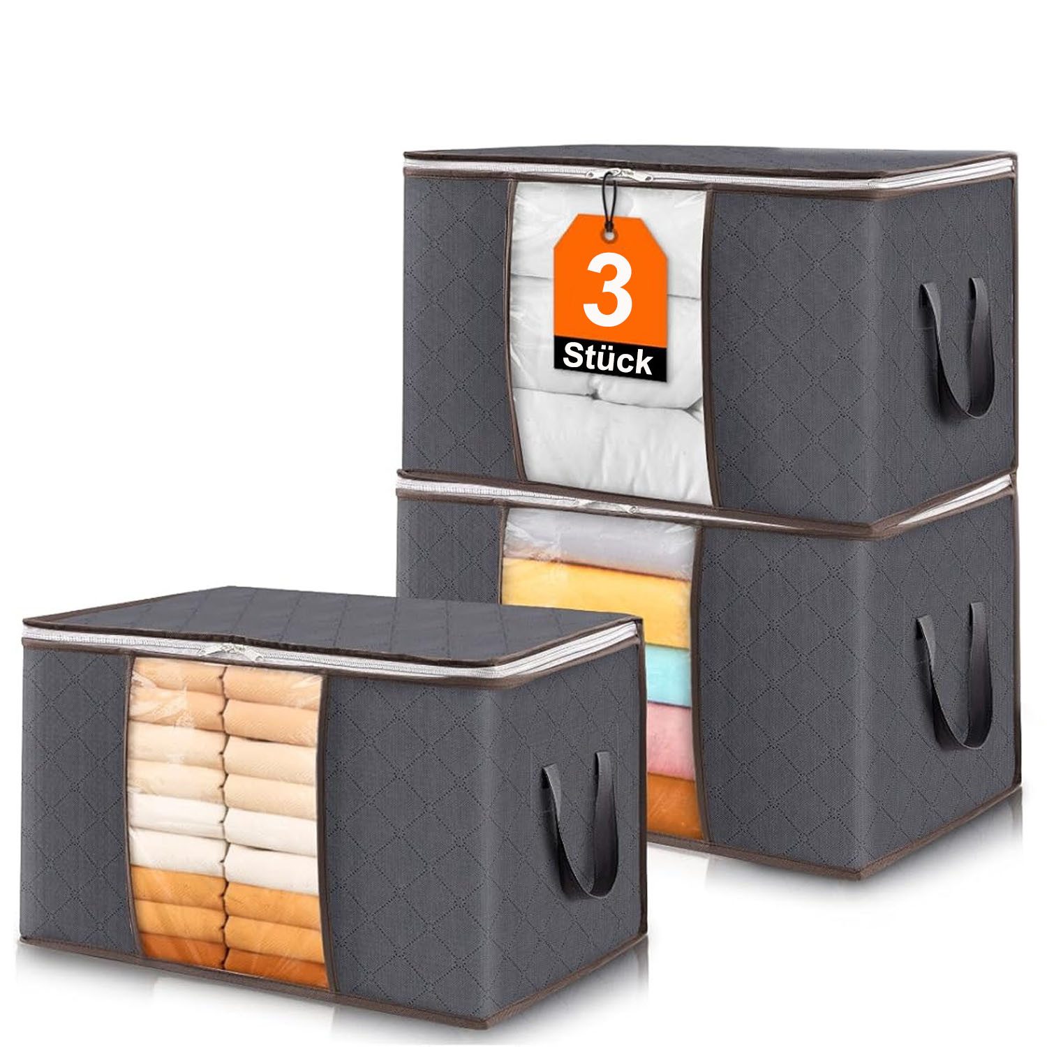 SURFOU Aufbewahrungstasche 3/6er Set 90L Aufbewahrungsboxen mit Deckel – Faltbare Kleiderboxen (Kleiderschrank Organizer, Aufbewahrungstasche, Große 90L Aufbewahrungsboxen aus atmungsaktivem Vliesstoff mit Sichtfenster, Reißverschlussdeckel und verstärkte
