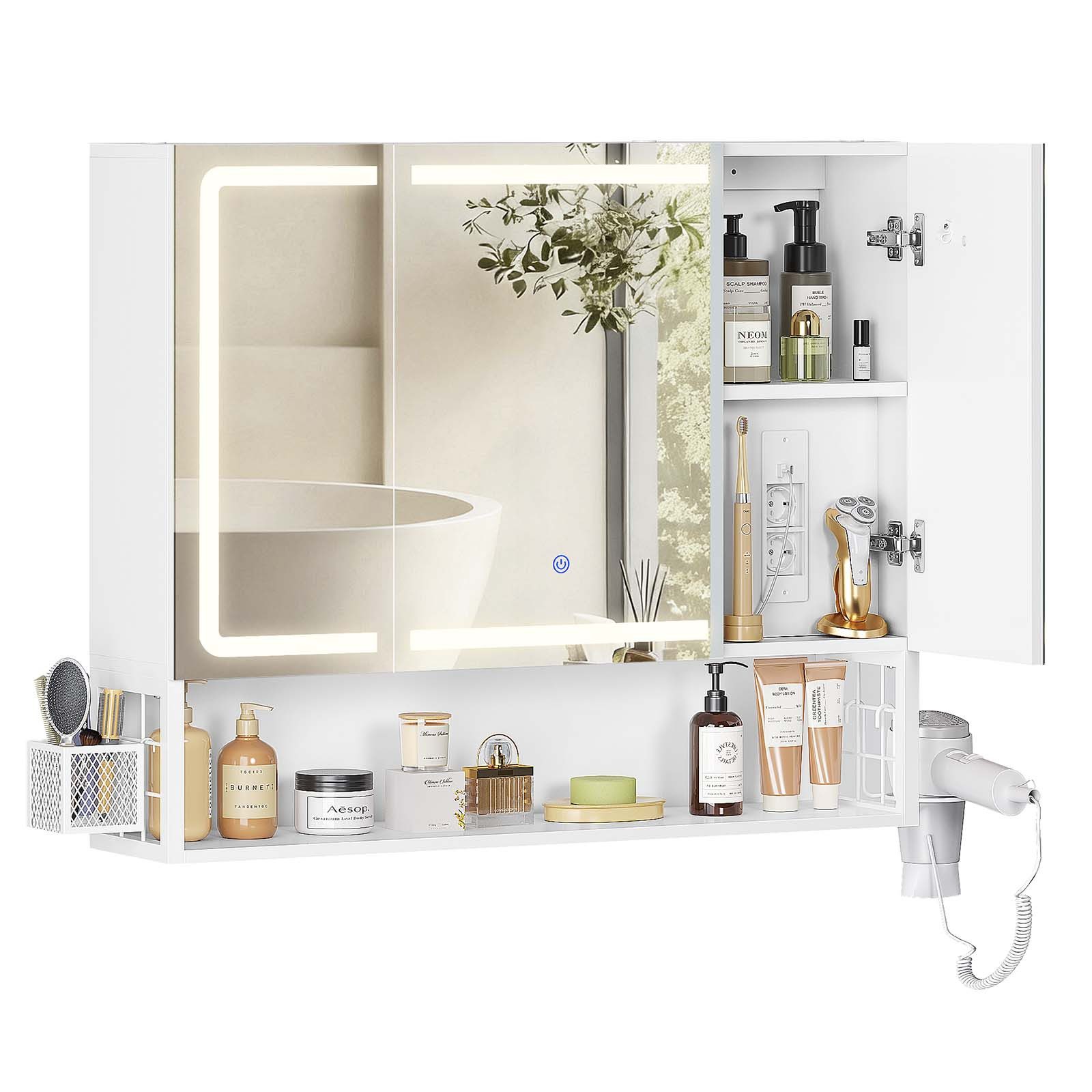 MSMASK Badezimmerspiegelschrank mit LED-Beleuchtung & Steckdose, Spiegelschrank (1-St) 3 Türen, 1 offener Einlegeboden, 80×16×70 cm, Weiß