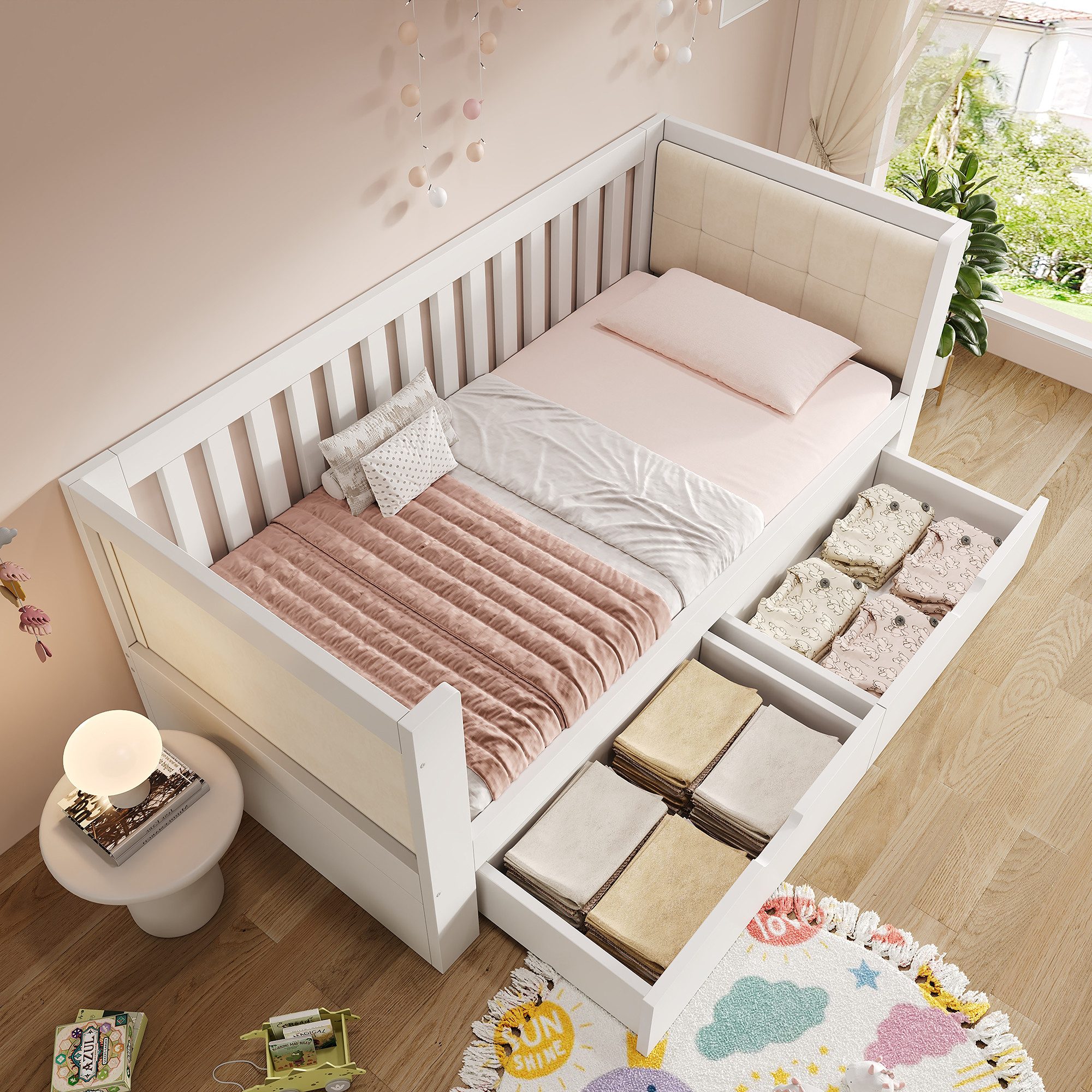 Odikalo Schlafsofa Schlafcouch Kinderbett 90x200 90x190 mit Schublade / Ausziehbett, 2 Schubladen, Holz, abgerundete Armlehnen, komfortable Rückenlehne, ideal für kleine Wohnungen, einfache Montage, ohne Matratze