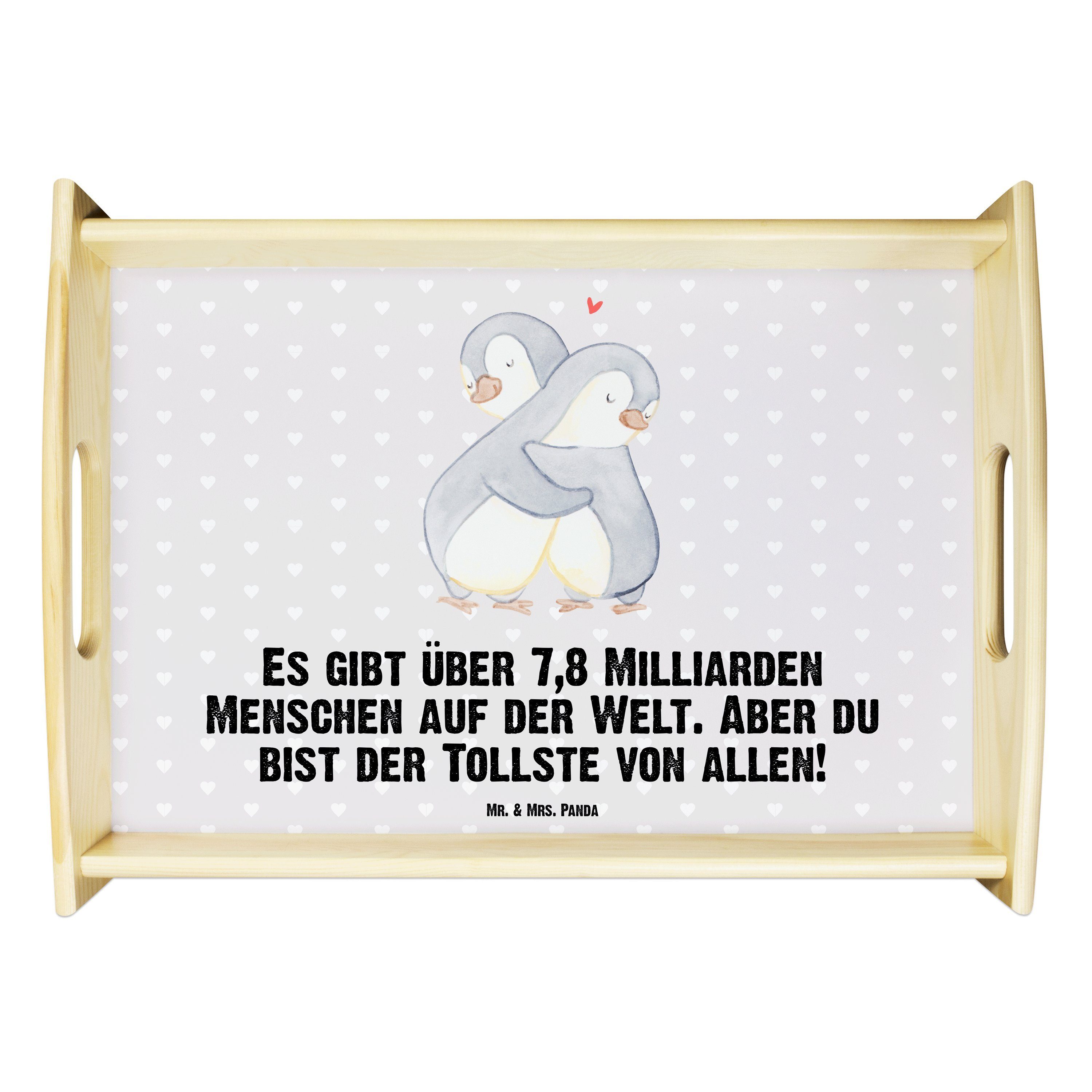 Mr. & Mrs. Panda Tablett Pinguine Kuscheln - Grau Pastell - Geschenk, Freund, Liebesgeschenk, Echtholz lasiert, (1-tlg)
