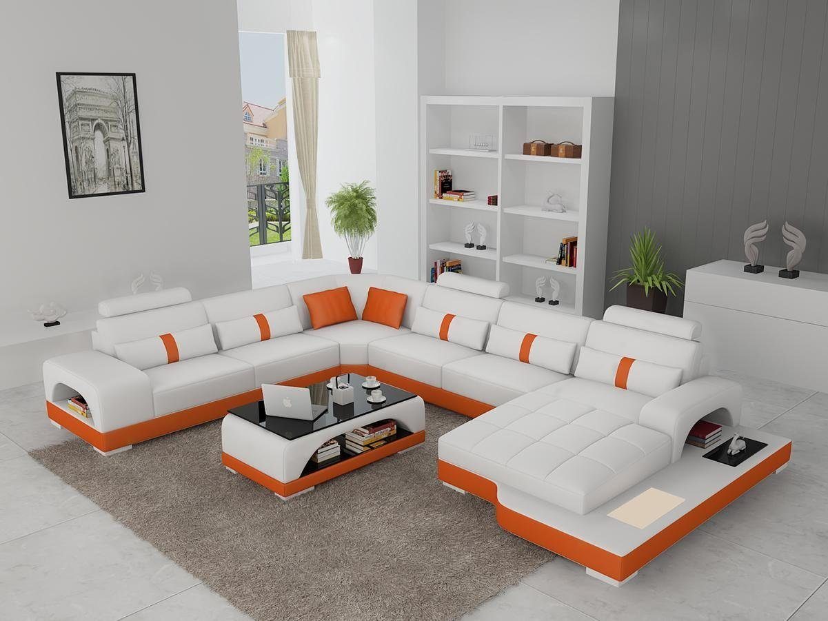 JVmoebel Ecksofa, Eckgarnitur Ledersofa Design Luxus Wohnlandschaft led sofa Weiß/Orange