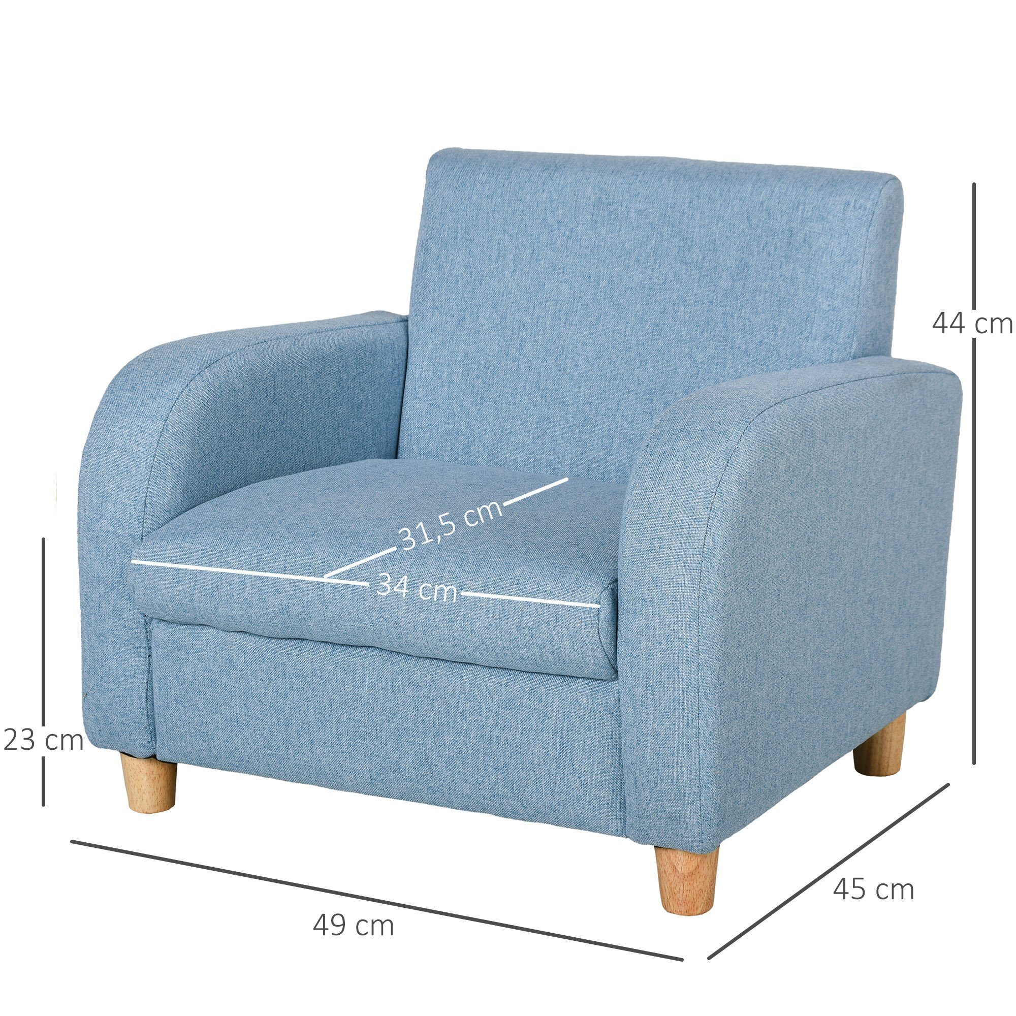 HOMCOM Sessel Kindersofa x (Set, mit 1-St., Schaumstoff für Kinder), Leinen und x 45B Schaumstoff Blau Jahre cm Sitzkissen 44.5H Holz 49L 3-5