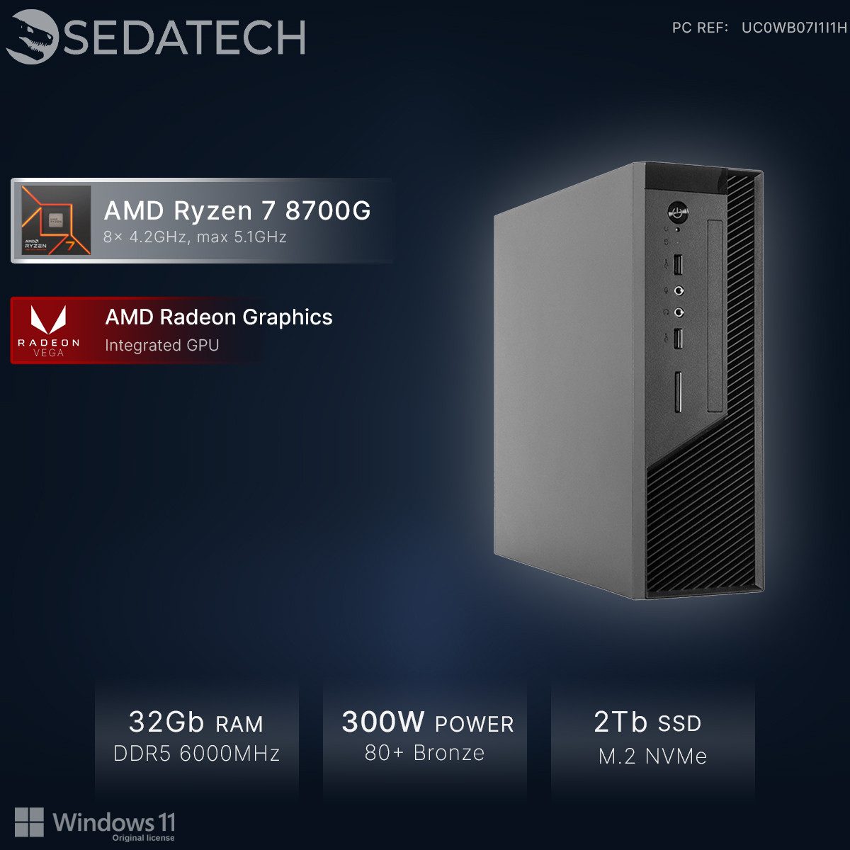 Sedatech UC0WB07I1I1HF - Office Mini-PC (AMD Ryzen 7 8700G 8x 4.2GHz (max 5.1GHz), AMD Radeon Graphics, 32 GB RAM, 2000 GB SSD, Wlan 6E)