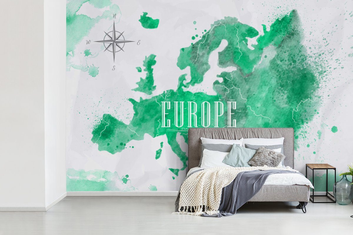 Wohnzimmer, Weltkarte bedruckt, Fototapete Wallpaper Tapete für MuchoWow Schlafzimmer, Farbe, - Matt, - (6 Kinderzimmer, Vinyl Europa St),