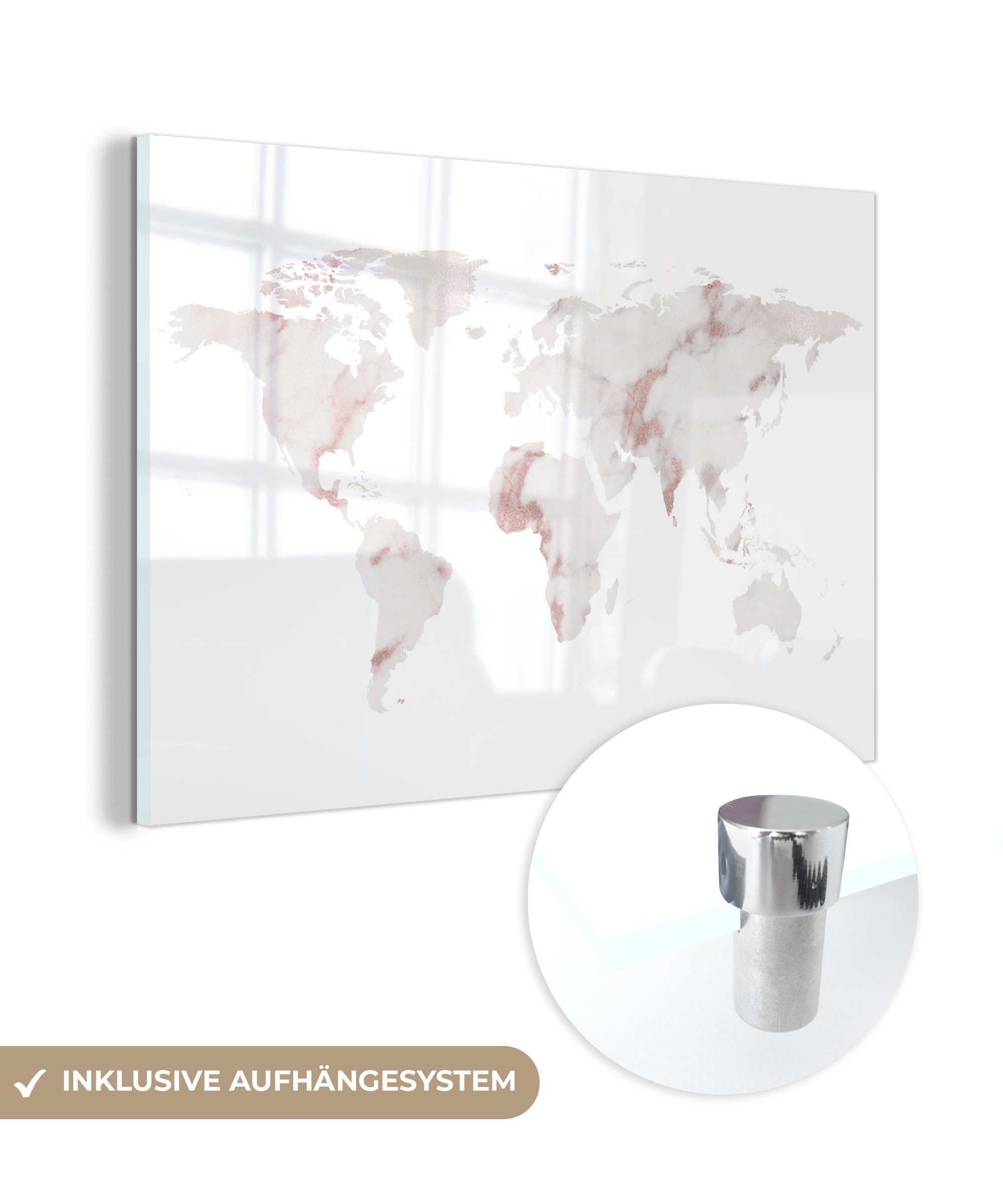 MuchoWow Acrylglasbild Weltkarte - Marmor - Kupfer, (1 St), Glasbilder - Bilder auf Glas Wandbild - Foto auf Glas - Wanddekoration