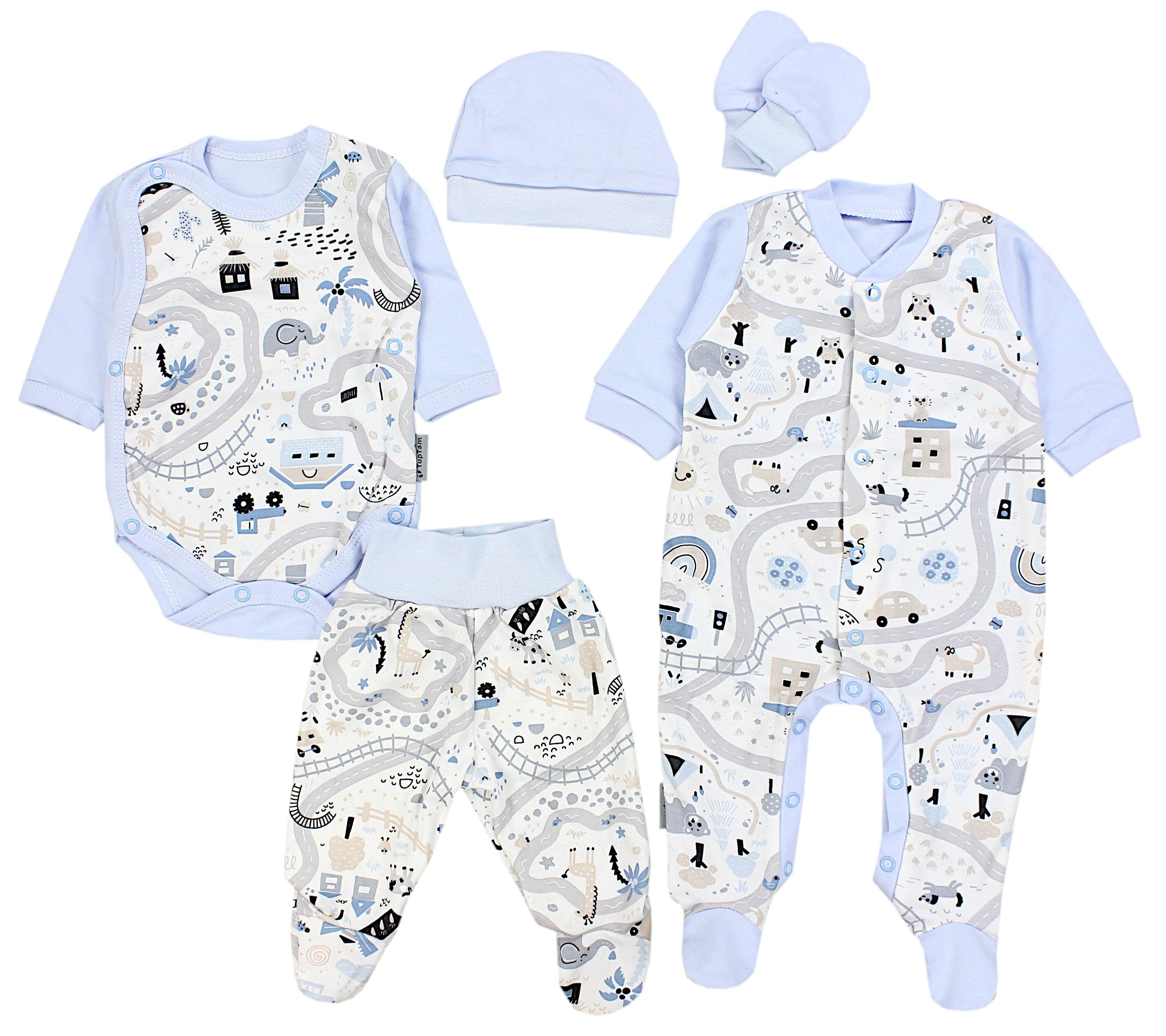 TupTam Erstausstattungspaket Baby Jungen Bekleidung Set Body Strampler Mütze Fäustlinge 5 tlg Straße / Grau / Blau | Baby Erstausstattungspakete