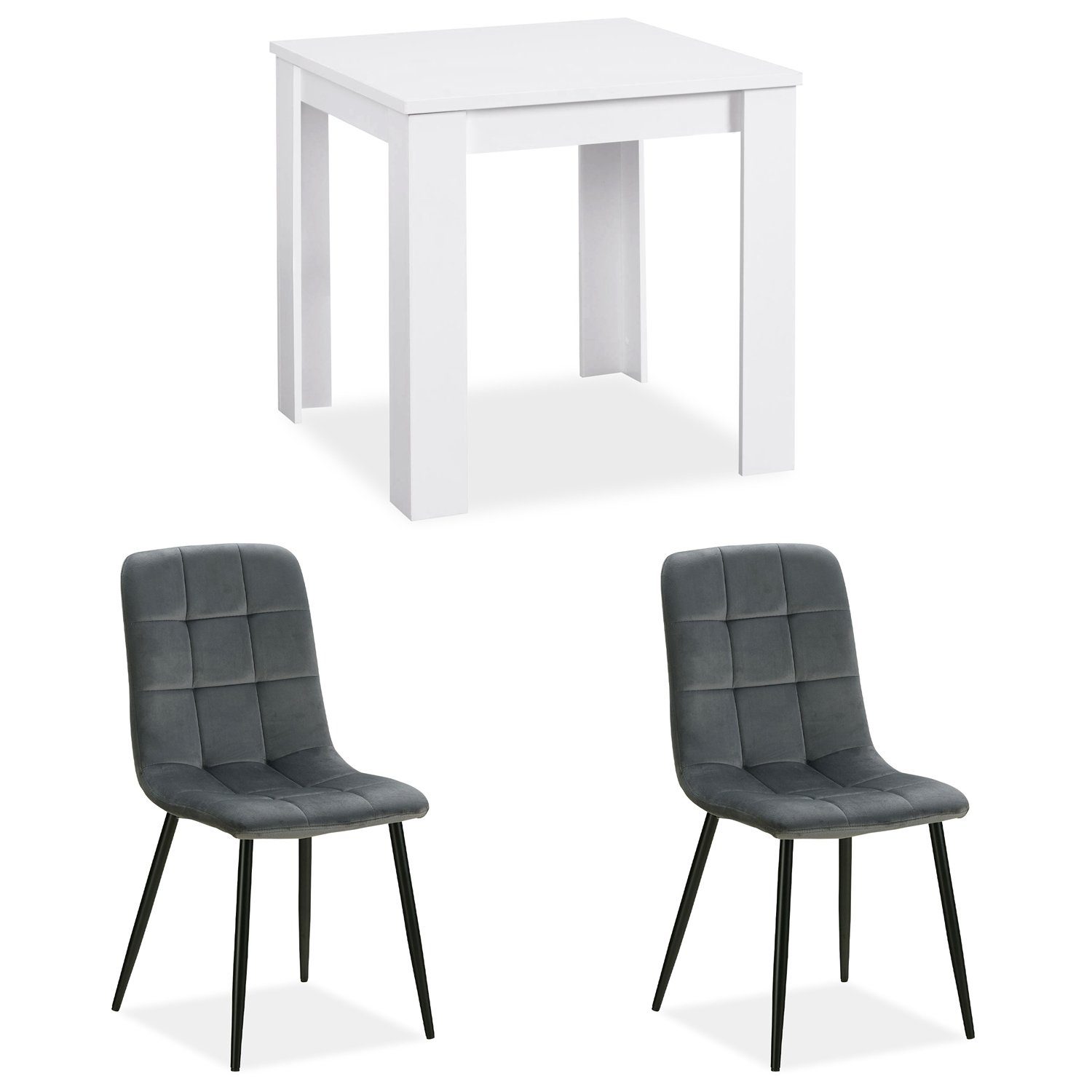 Stühlen 80x80 cm Grau, Homestyle4u (Komplett-Set, Samt Essgruppe 3-tlg) mit 2 Weiß Esstisch