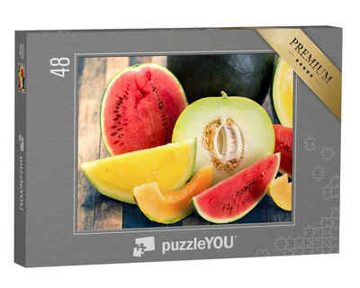 puzzleYOU Puzzle Köstliche Melonen, frisch aufgeschnitten, 48 Puzzleteile, puzzleYOU-Kollektionen Obst, Essen und Trinken