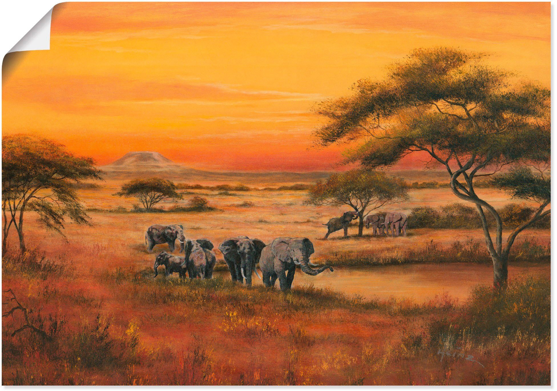 (1 verschied. Leinwandbild, Alubild, Afrika Wandbild Artland St), Elefanten, als Afrika Poster Größen Outdoorbild, in