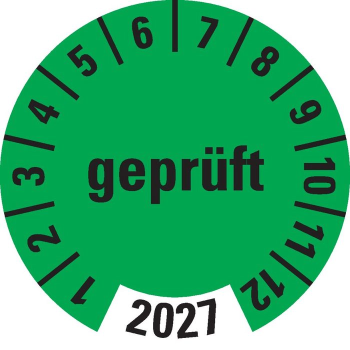 Dreifke Hinweisschild Dreifke® Prüfplakette geprüft 2027 grün Dokumentenfolie selbstklebend Ø 30mm 18 St/Bogen