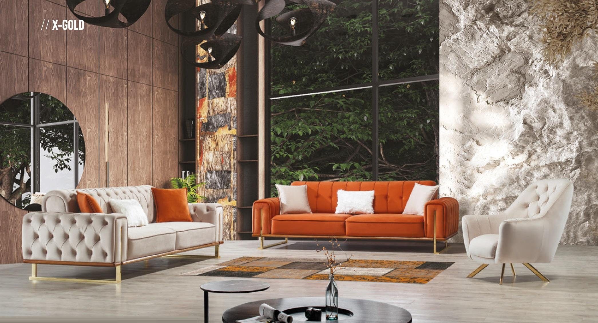 3 Sofa Möbel, JVmoebel Made Dreisitzer Couch Chesterfield Luxus in Europe Oranger Design Sitzer