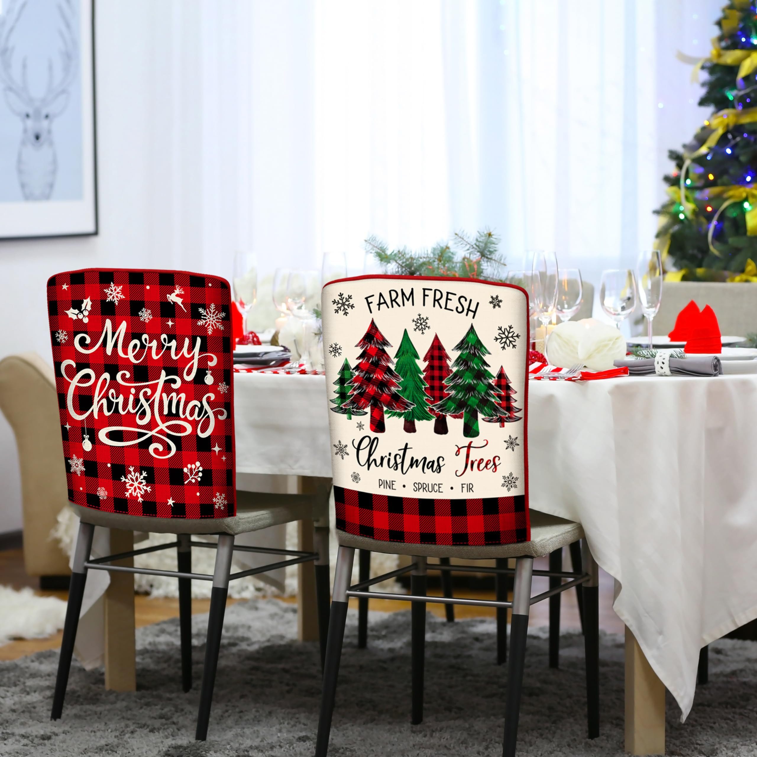CLTYQ Stuhlhusse 6er-Set Weihnachtsstuhlhussen, Hussen-Set Waschbar, Weihnachtsdeko, rot-schwarz kariert, mit Zwergen- und Weihnachtsbaummotiven – Bild 5 von 5